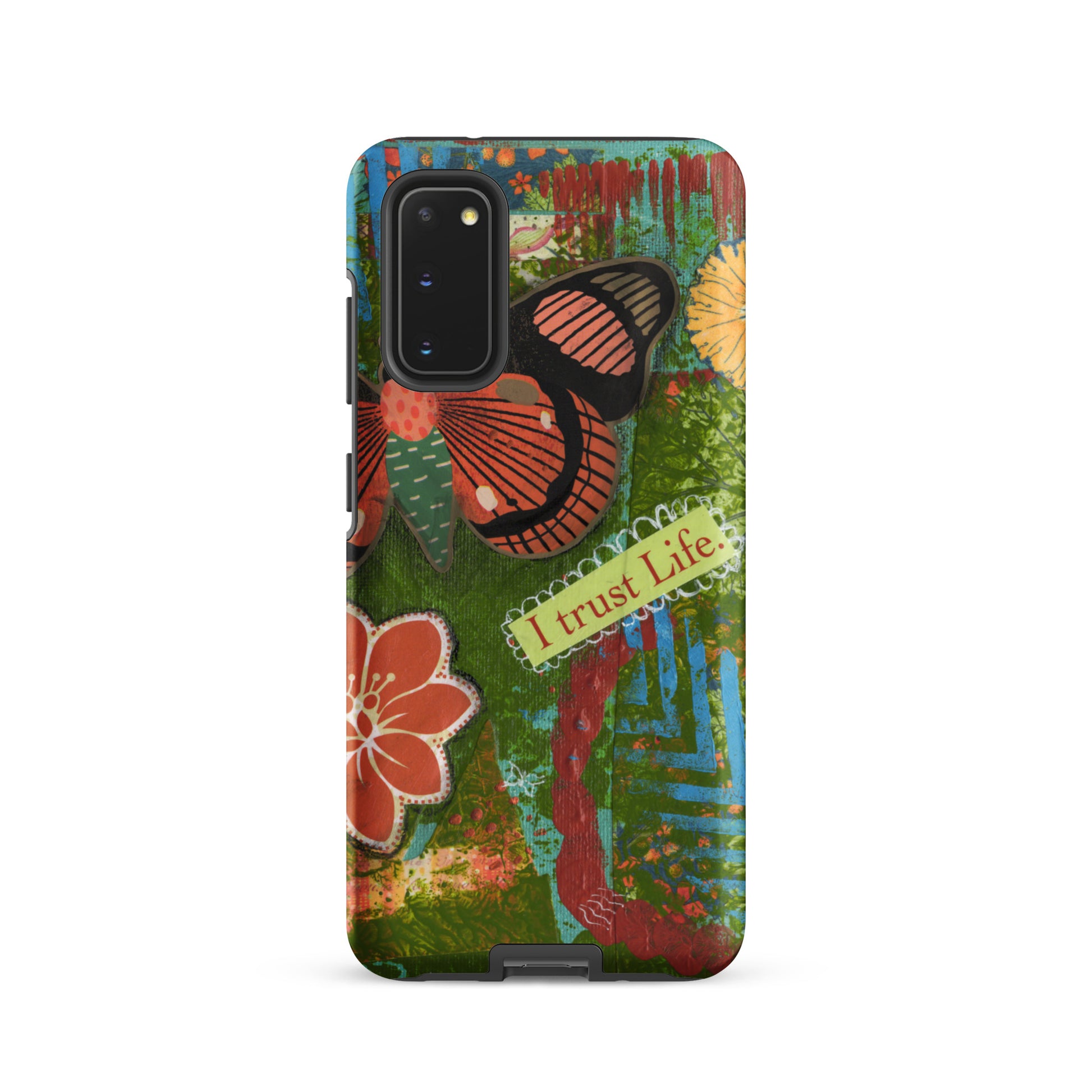 Front view of Samsung Galaxy S20. the design of the artistic butterfly phone case rusty orange and turquoise “I trust life”