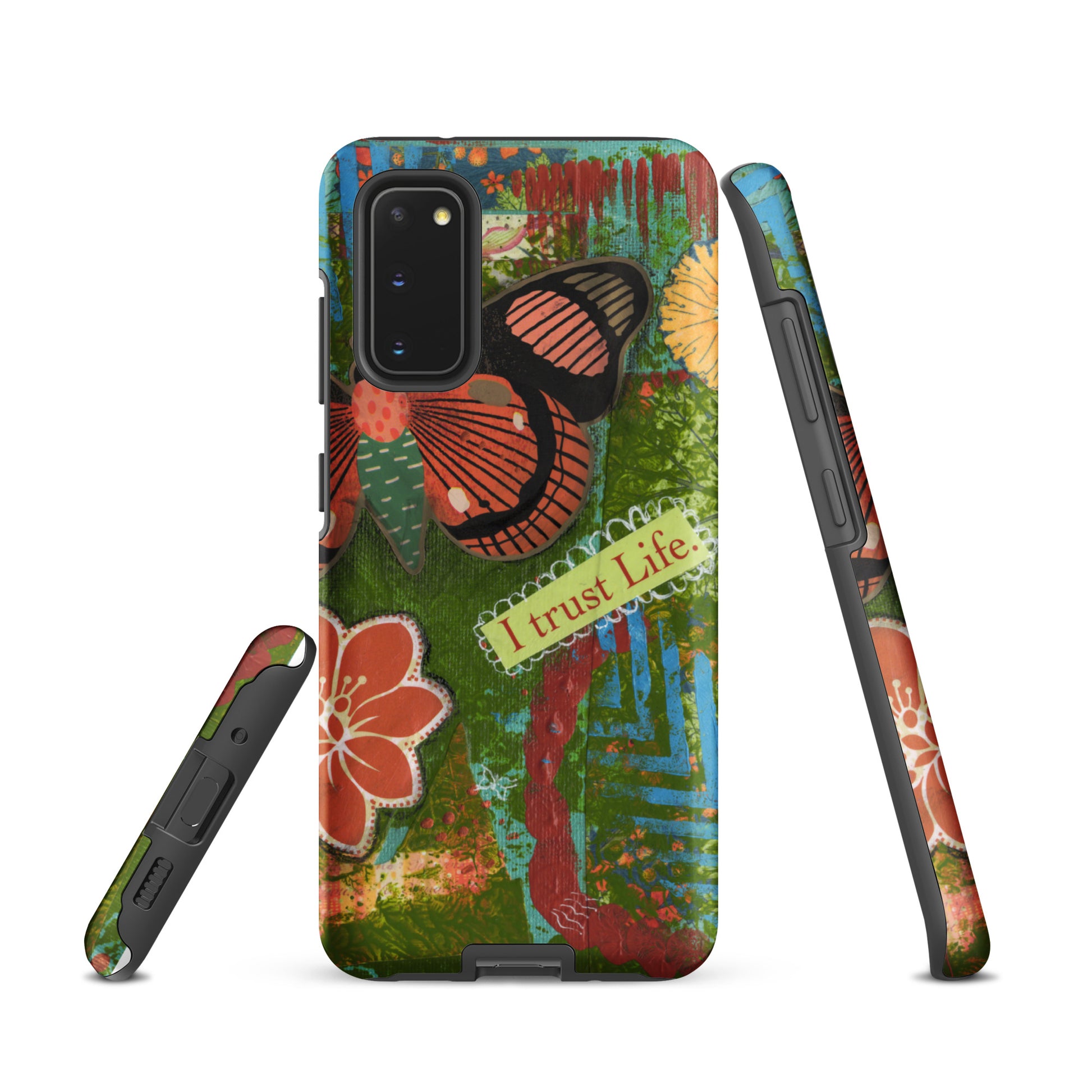 View of Artistic butterfly phone case for Samsung Galaxy S20 showing front, side and bottom view.