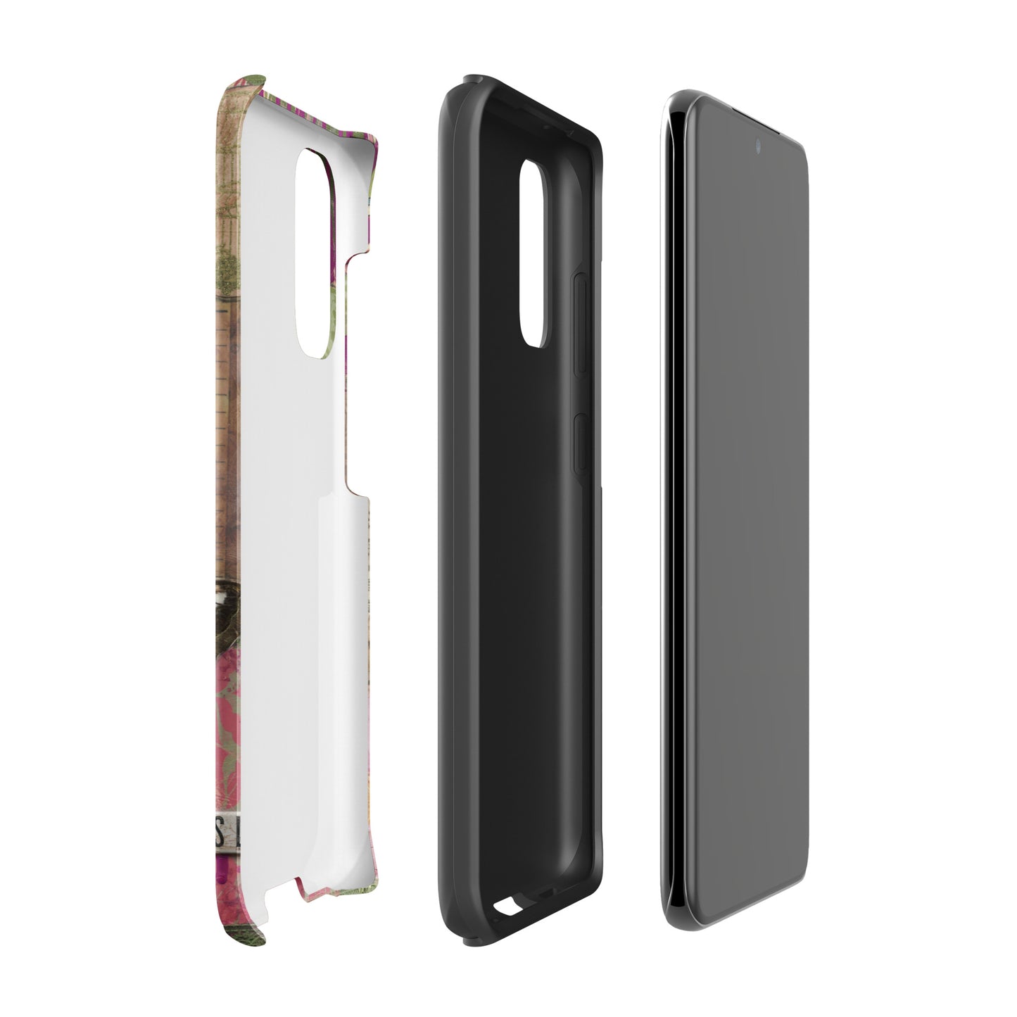 an image of the pink floral butterfly Samsung case  with love this life quote. showing the three layers of protection that the case provides.