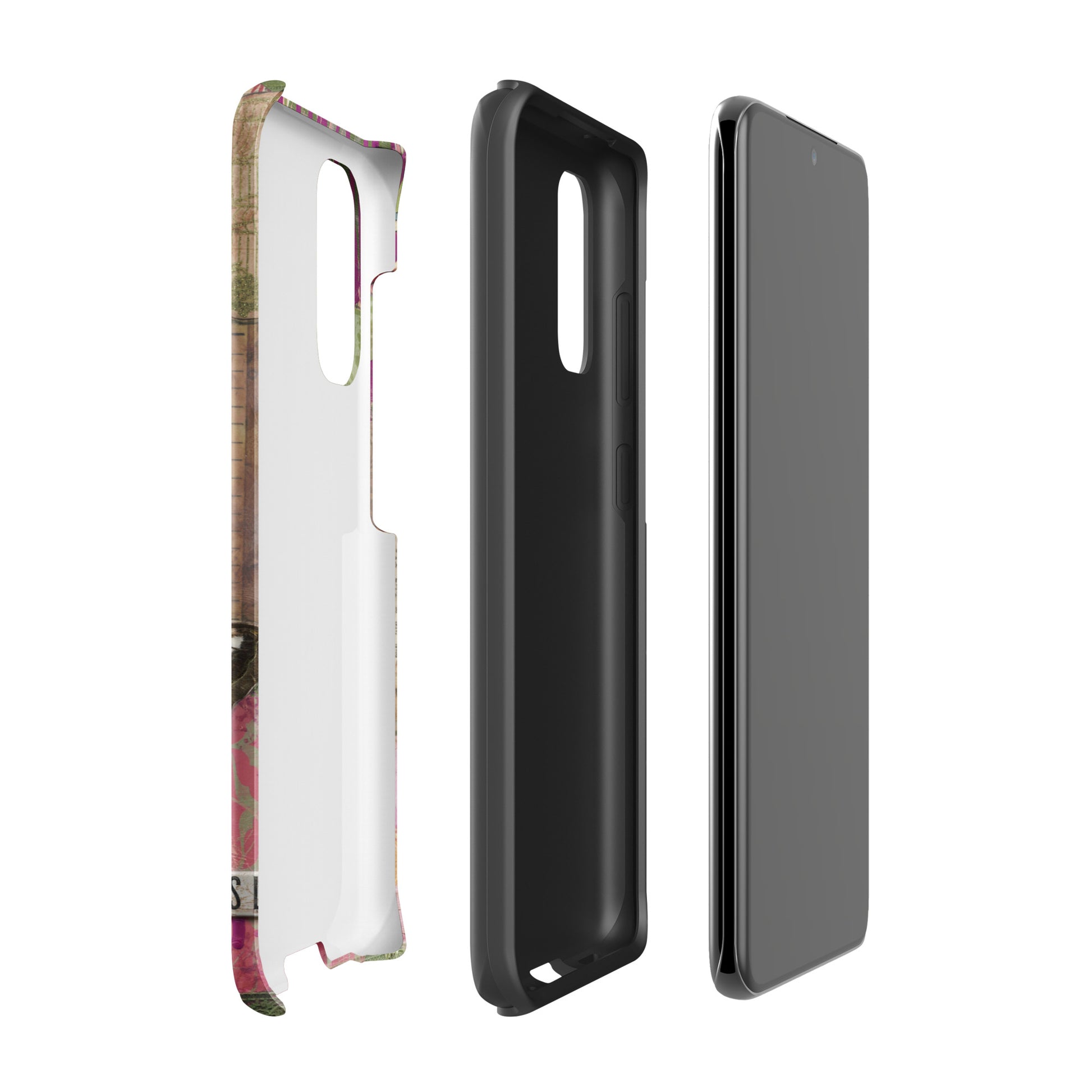 an image of the pink floral butterfly Samsung case  with love this life quote. showing the three layers of protection that the case provides.