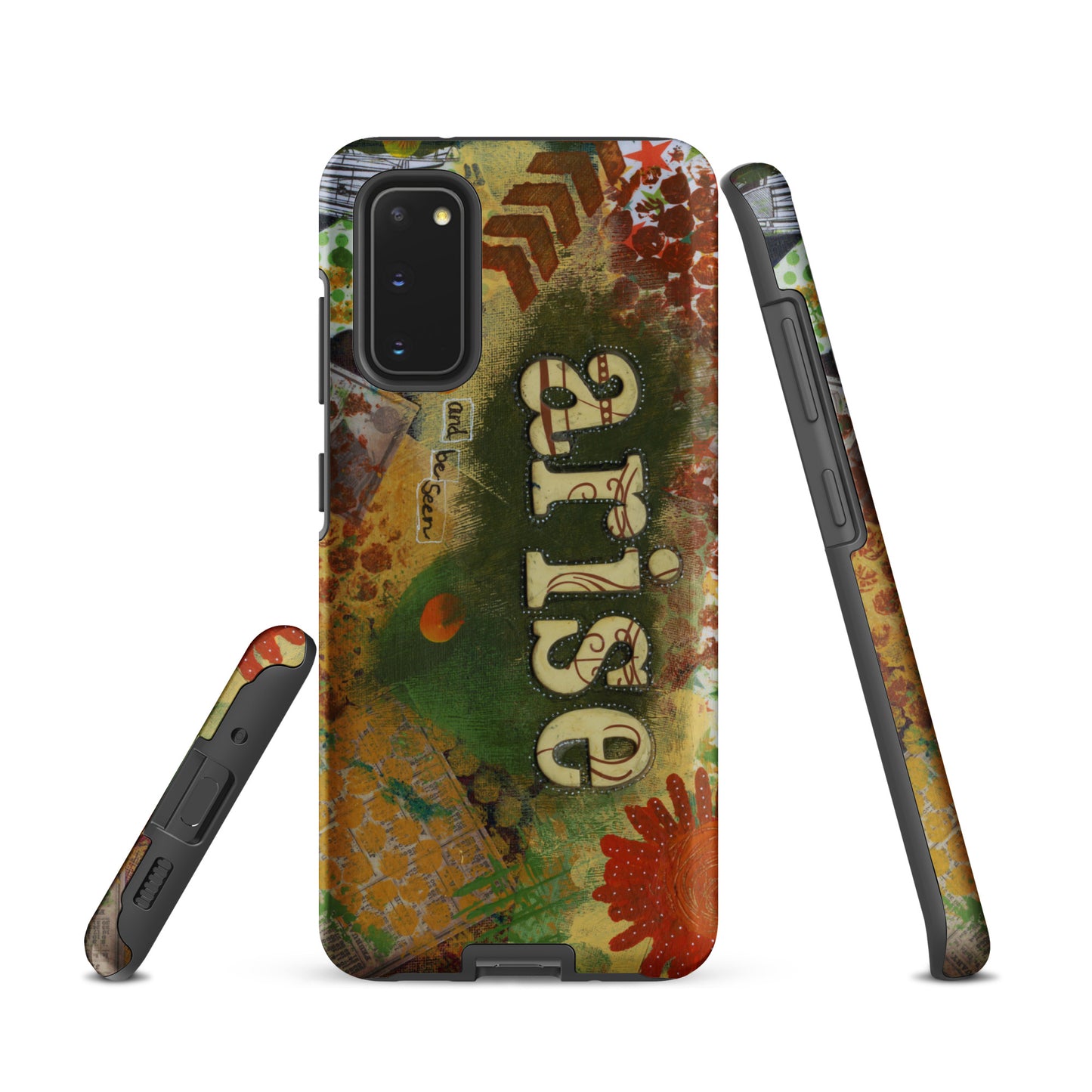 a front, side & bottom view of the bold art phone case with colorful texture and text that says "arise and be seen".