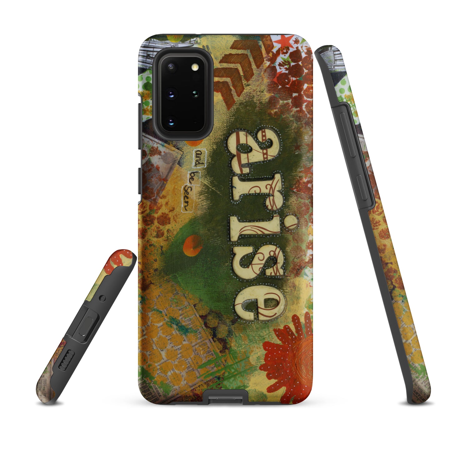a front, side & bottom view of the bold art phone case with colorful texture and text that says "arise and be seen".