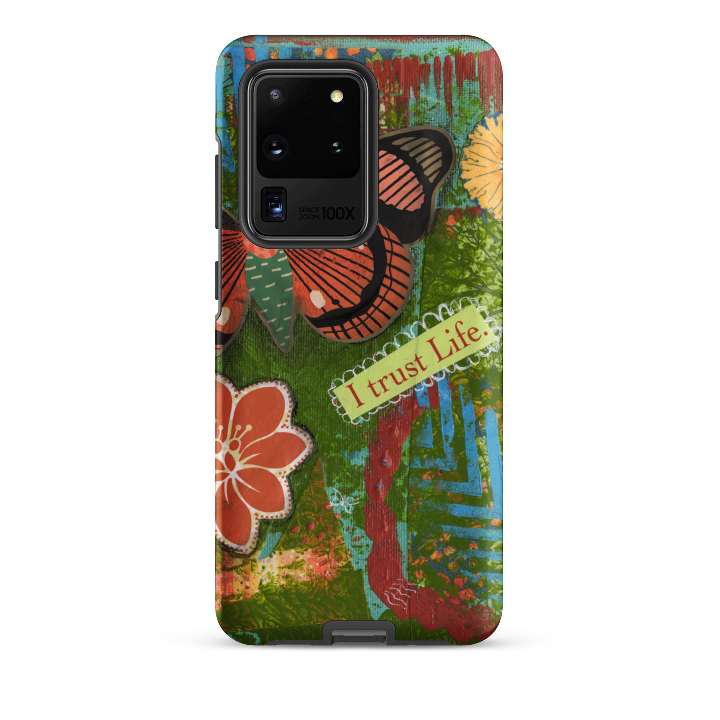 Front view of Samsung Galaxy S20 Ultra the design of the artistic butterfly phone case rusty orange and turquoise “I trust life”