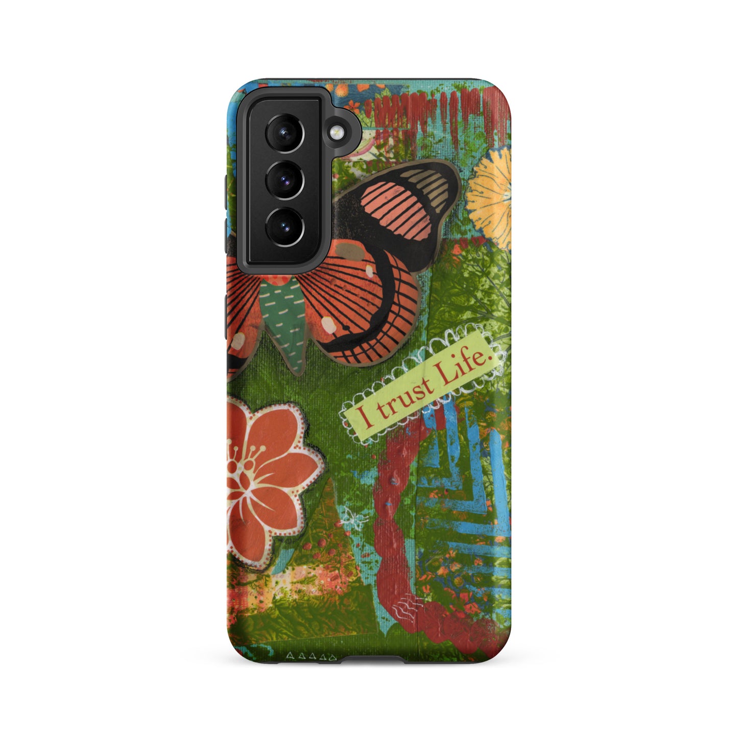 Front view of Samsung Galaxy S21fe. the design of the artistic butterfly phone case rusty orange and turquoise “I trust life”