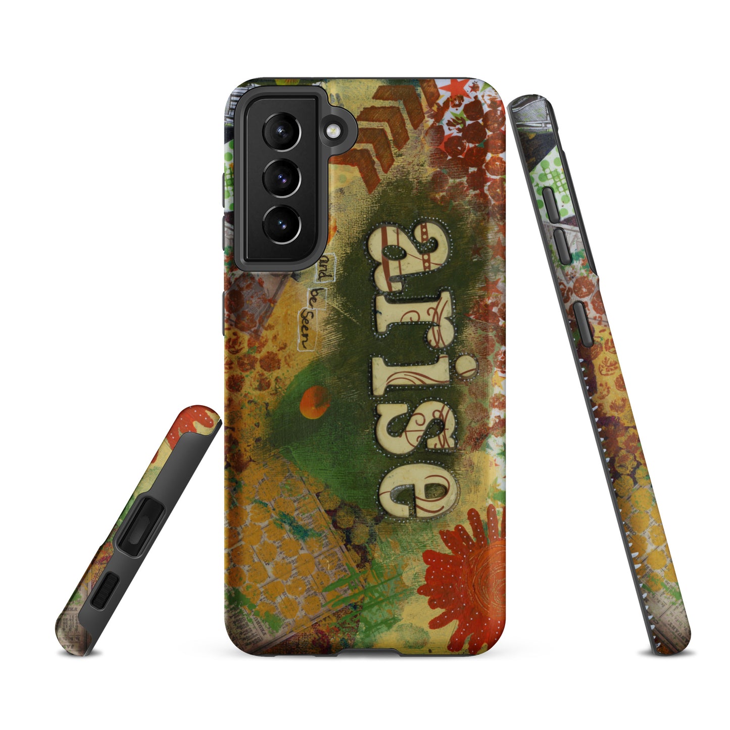 a front, side & bottom view of the bold art phone case with colorful texture and text that says "arise and be seen".