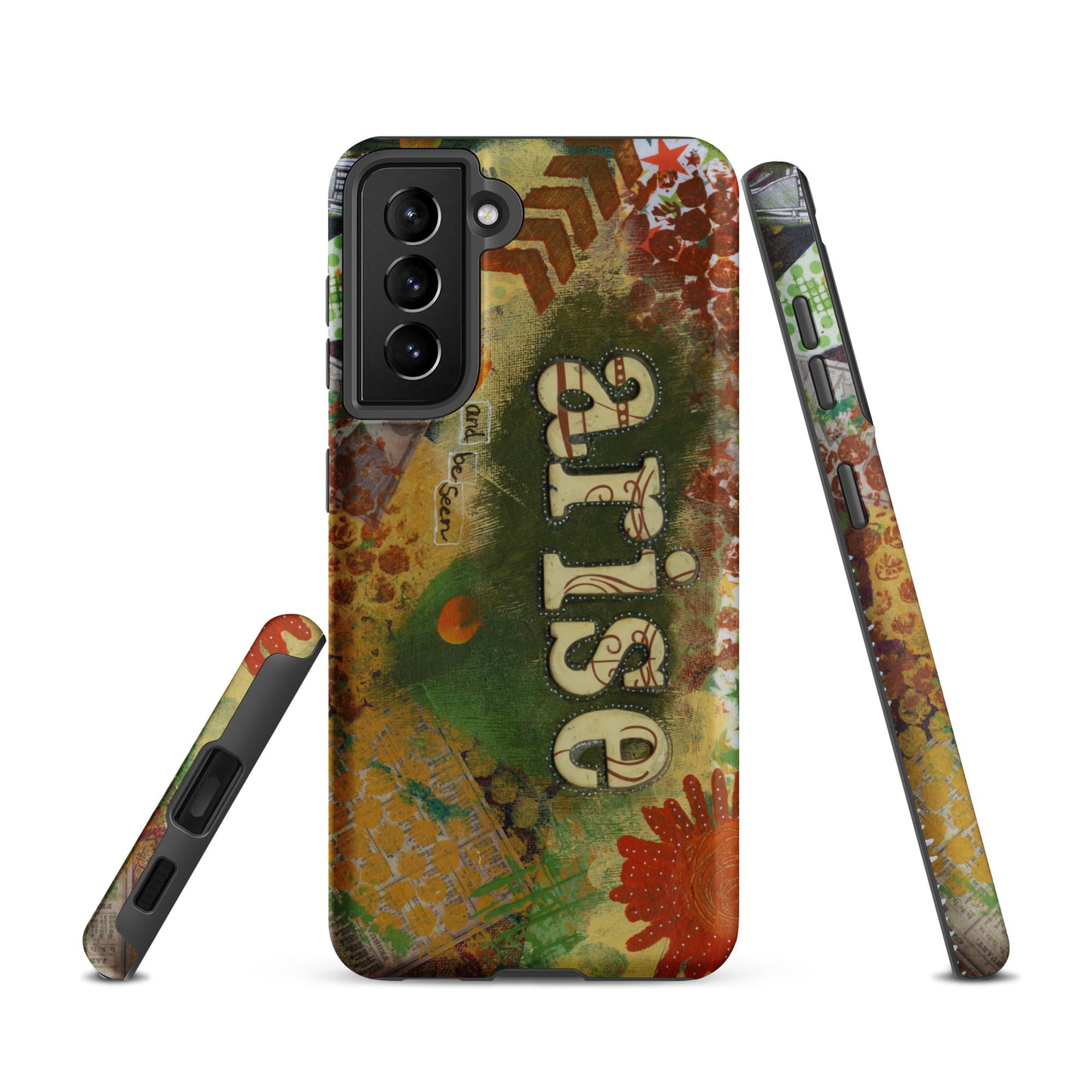 a front, side & bottom view of the bold art phone case with colorful texture and text that says "arise and be seen".