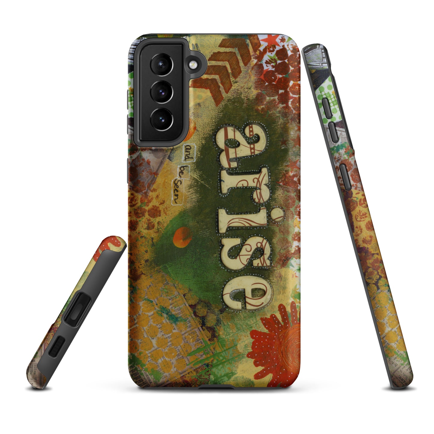 a front, side & bottom view of the bold art phone case with colorful texture and text that says "arise and be seen".