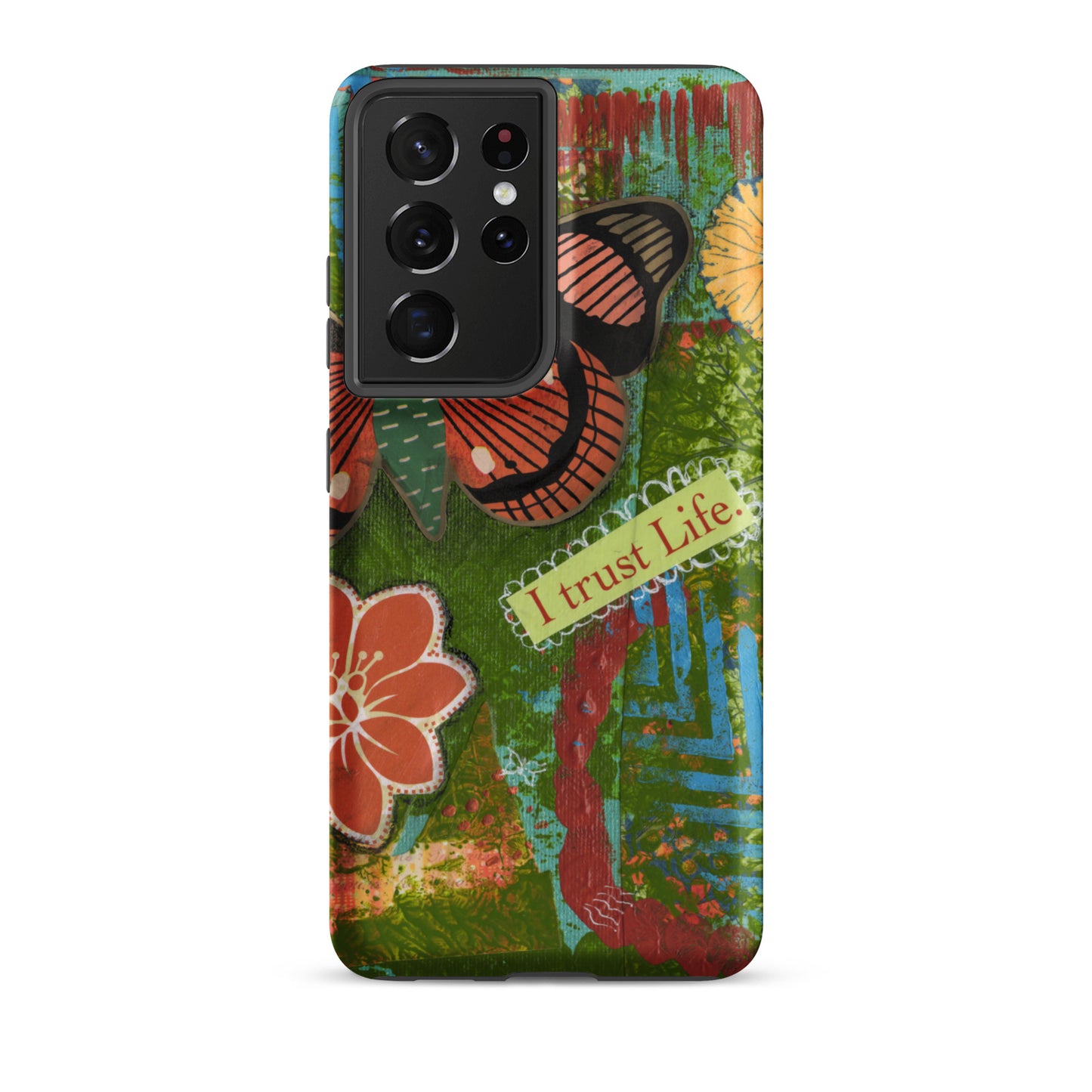 Front view of Samsung Galaxy S21 Ultra. the design of the artistic butterfly phone case rusty orange and turquoise “I trust life”Product mockup