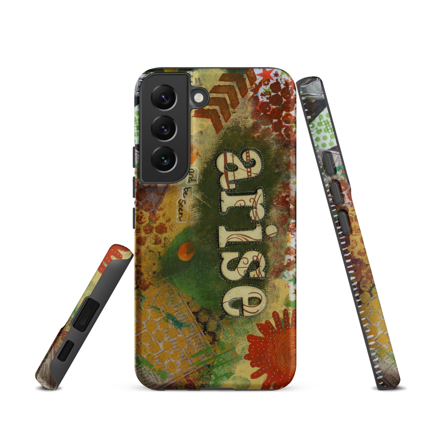 a front, side & bottom view of the bold art phone case with colorful texture and text that says "arise and be seen".