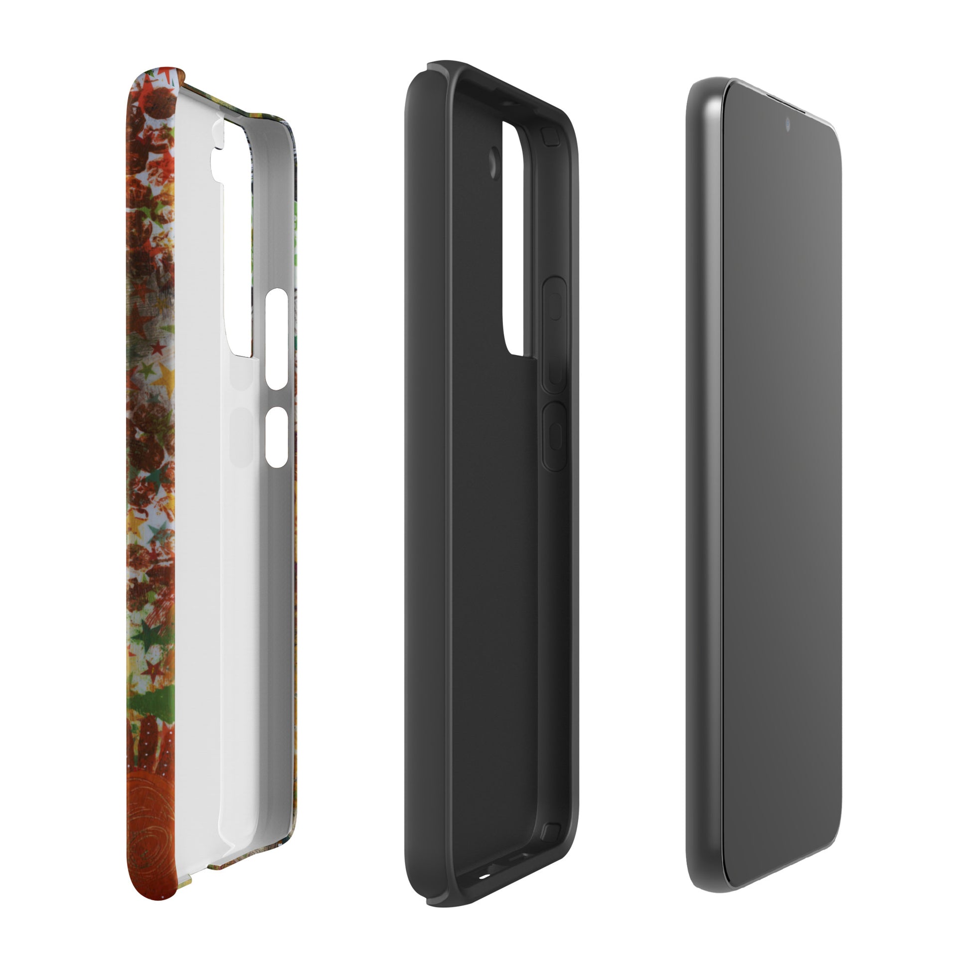 image shows the three layers of protection that the bold art phone case with colorful texture and text that says "arise and be seen" provides