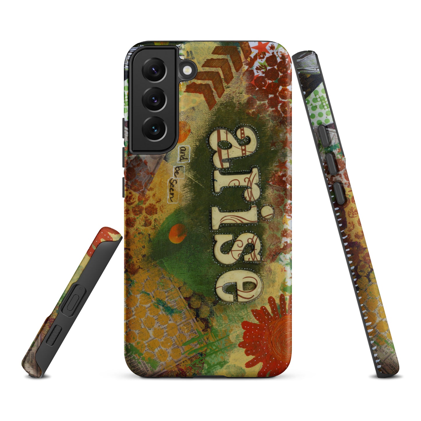 a front, side & bottom view of the bold art phone case with colorful texture and text that says "arise and be seen".