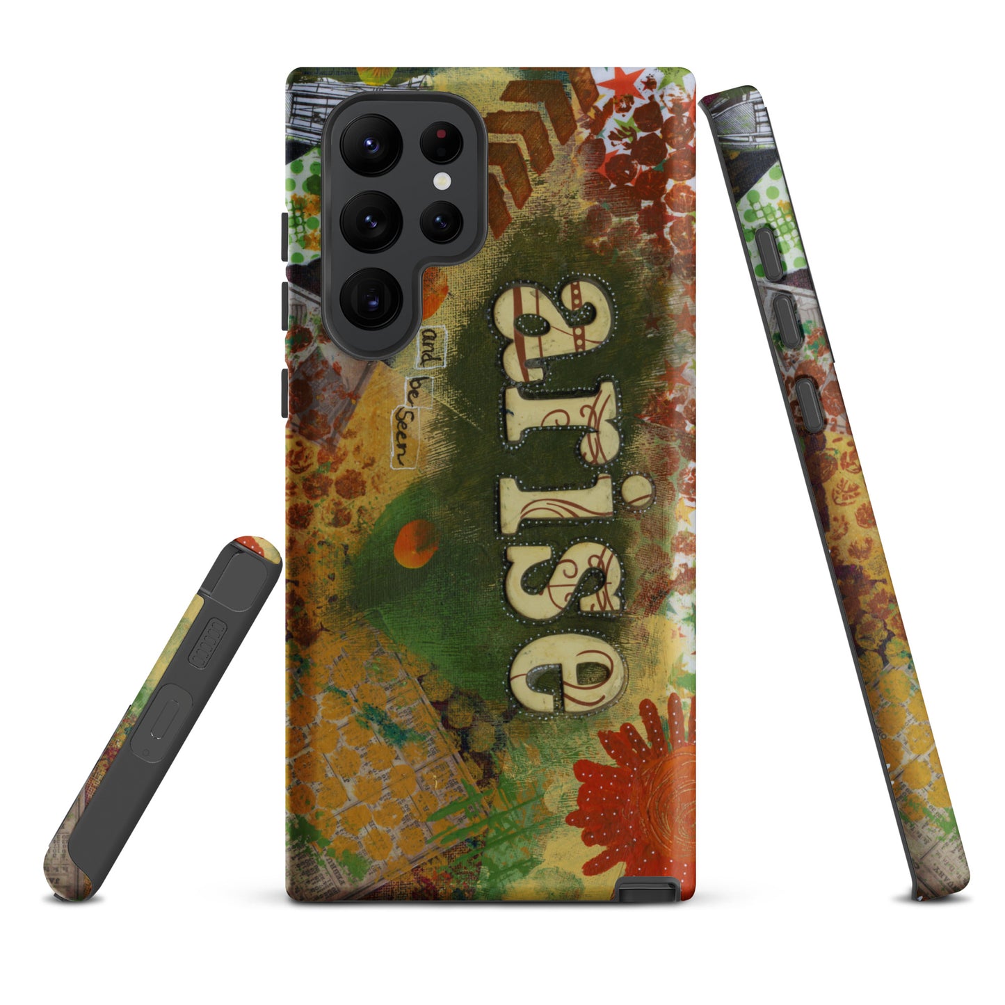 a front, side & bottom view of the bold art phone case with colorful texture and text that says "arise and be seen".