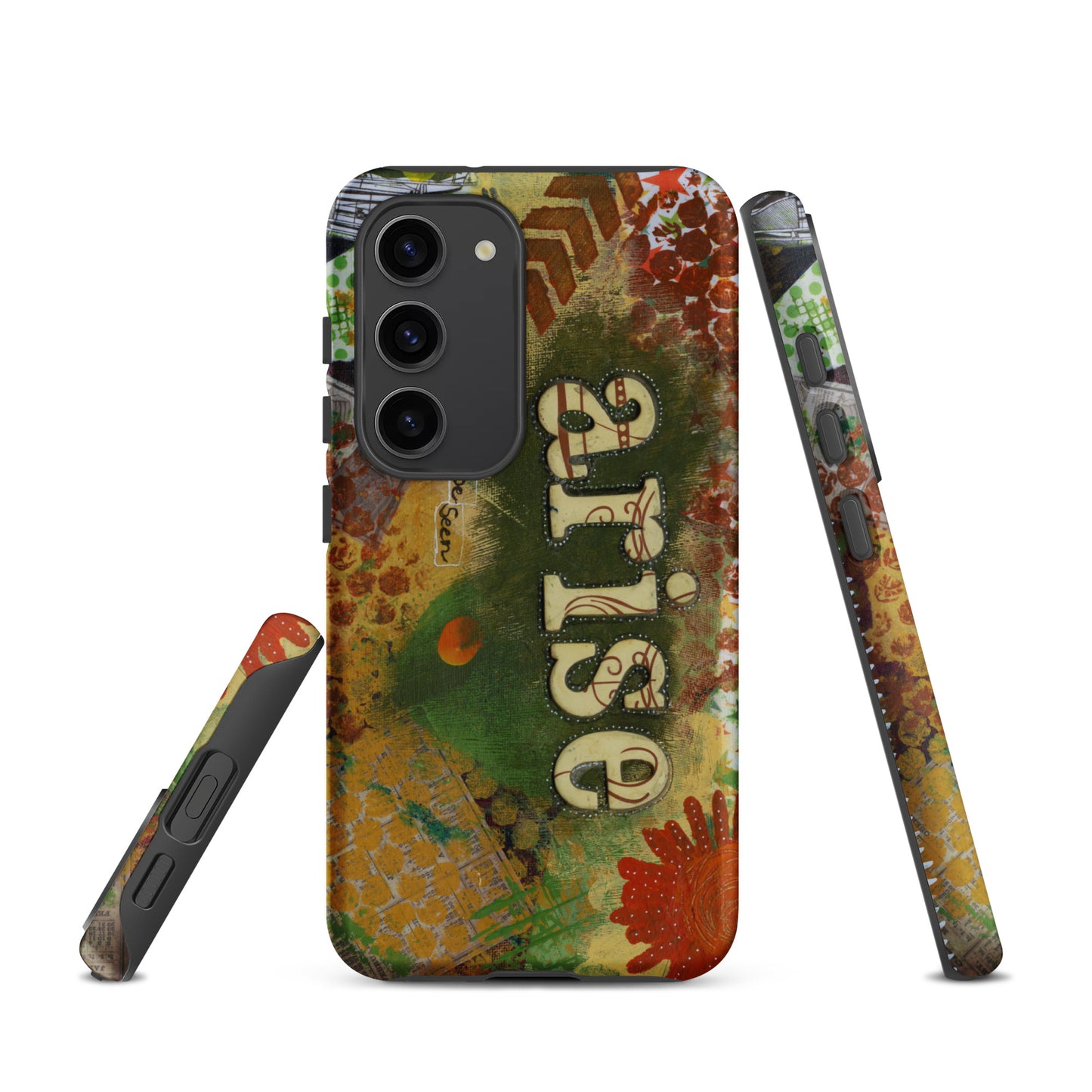 a front, side & bottom view of the bold art phone case with colorful texture and text that says "arise and be seen".