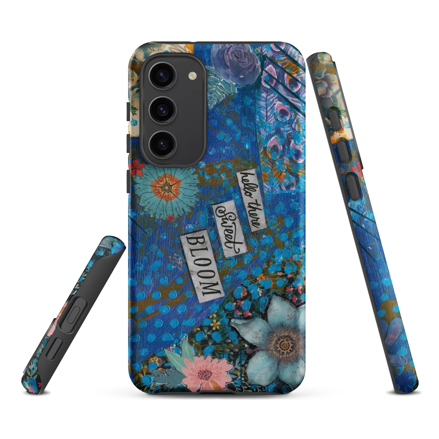 Image of the front , side and bottom of the blue and pink floral Samsung case with peacock feather layers and a quote.
