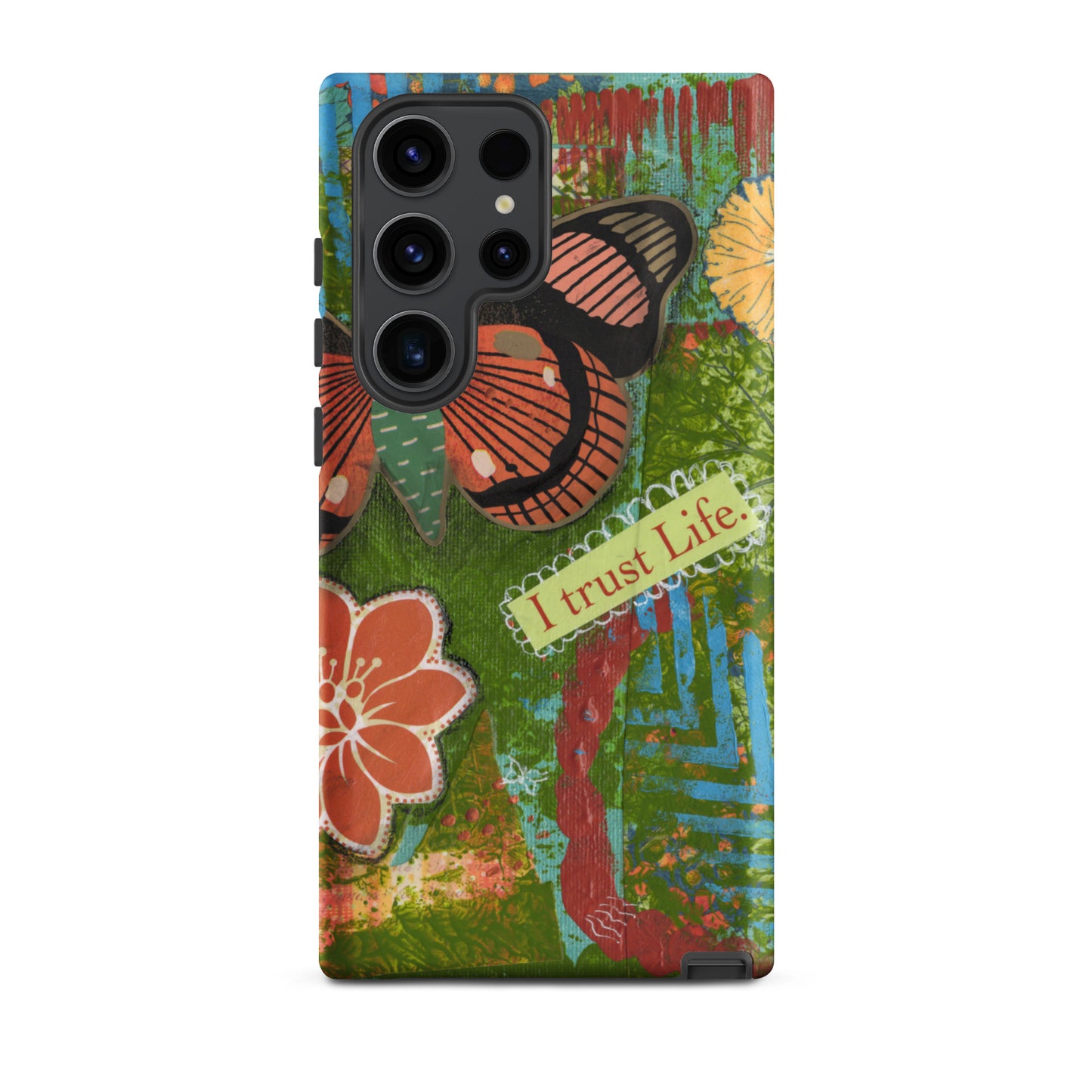 Front view of Samsung Galaxy S23 Ultra. the design of the artistic butterfly phone case rusty orange and turquoise “I trust life”