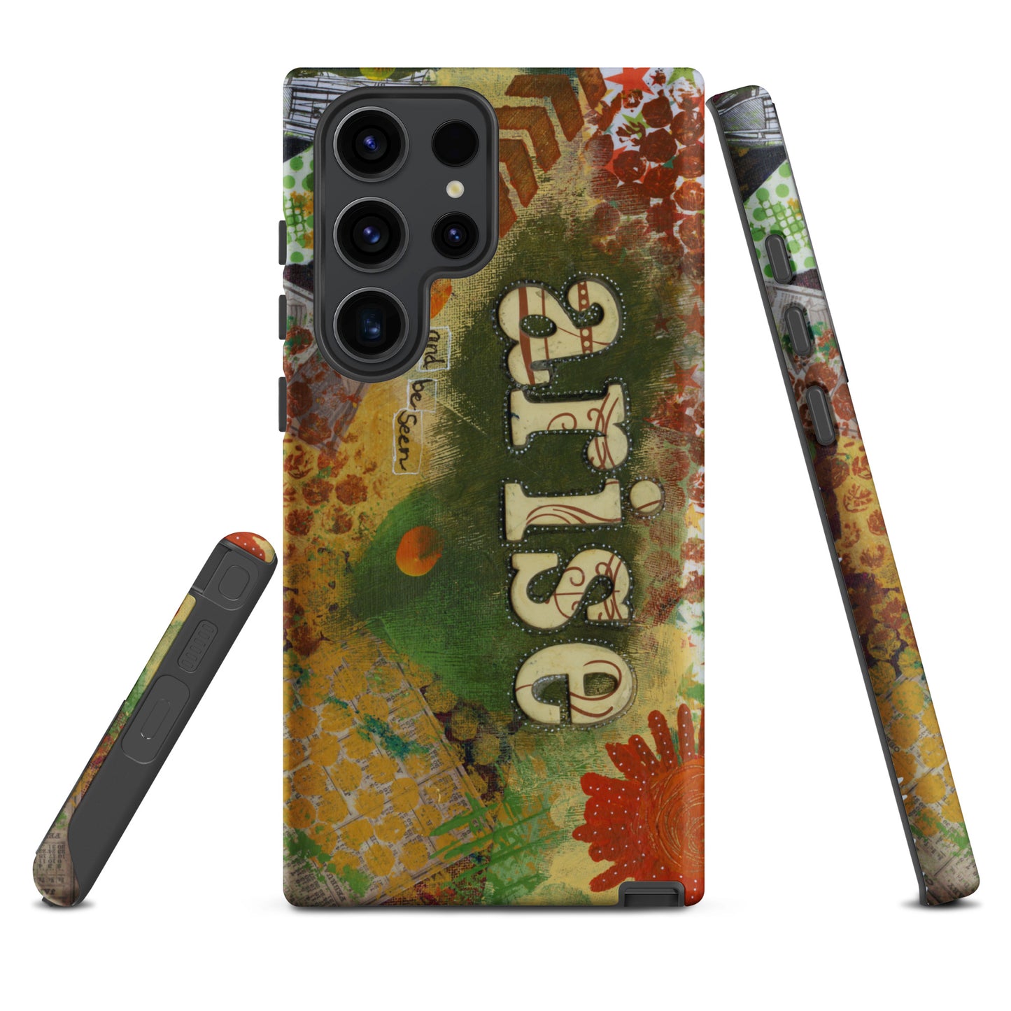 a front, side & bottom view of the bold art phone case with colorful texture and text that says "arise and be seen".