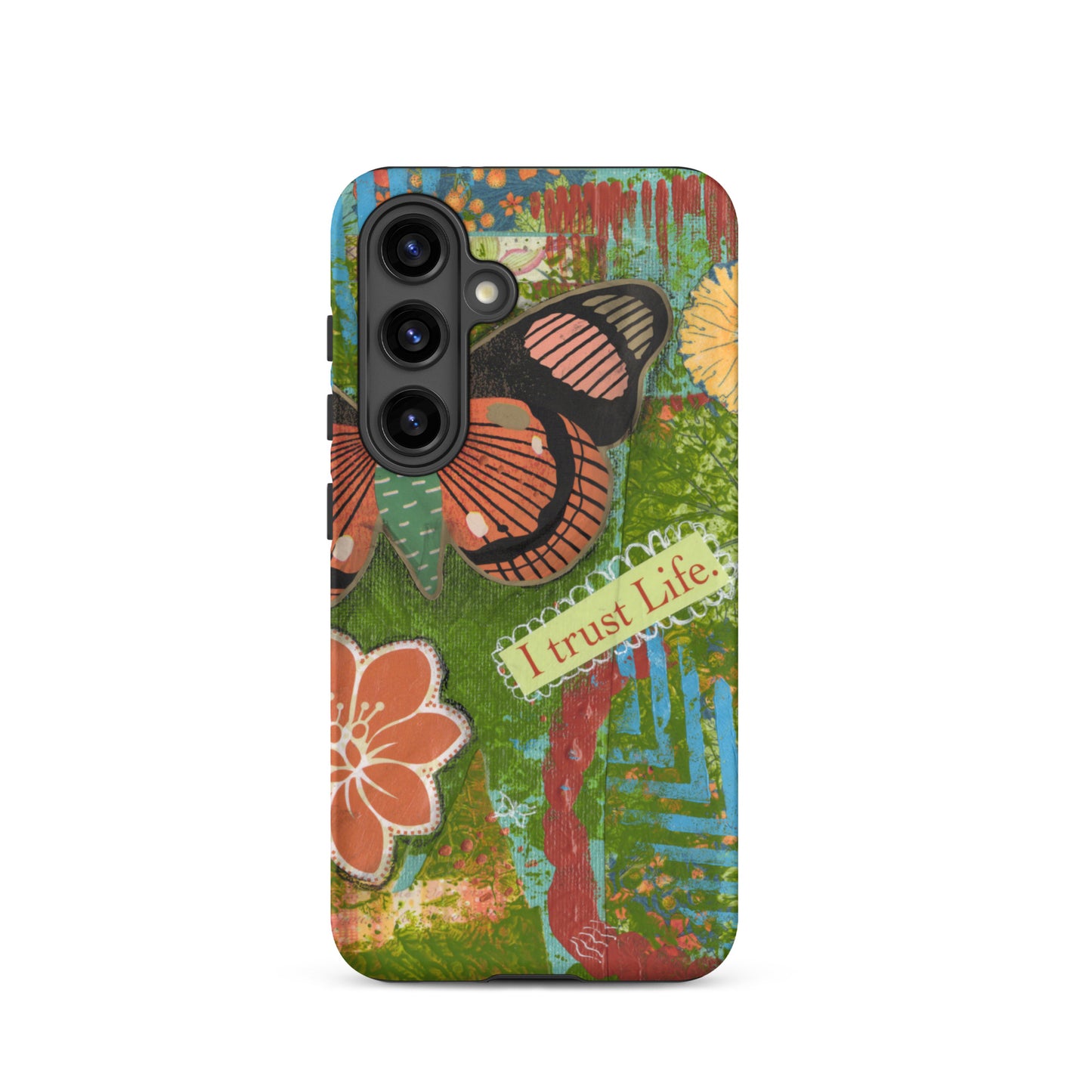Front view of Samsung Galaxy S24. the design of the artistic butterfly phone case rusty orange and turquoise “I trust life”