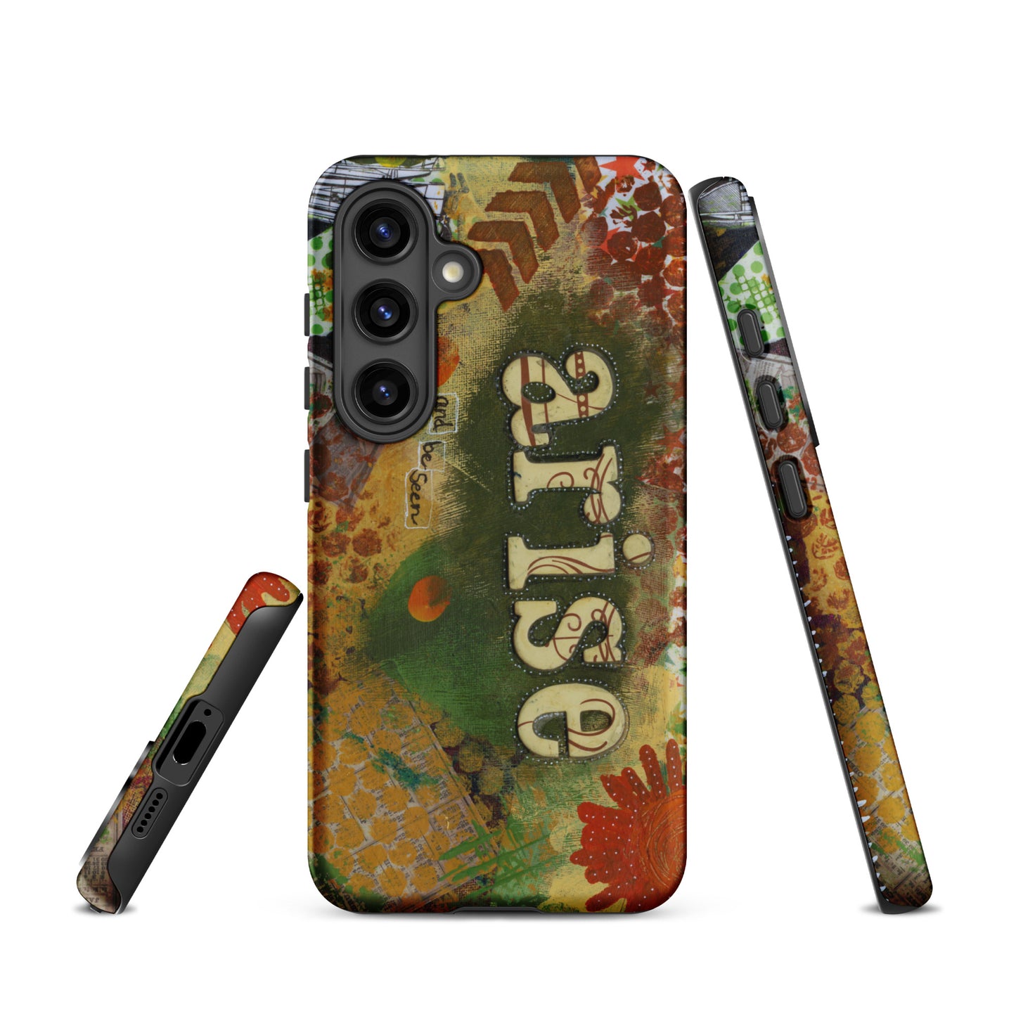 a front, side & bottom view of the bold art phone case with colorful texture and text that says "arise and be seen".