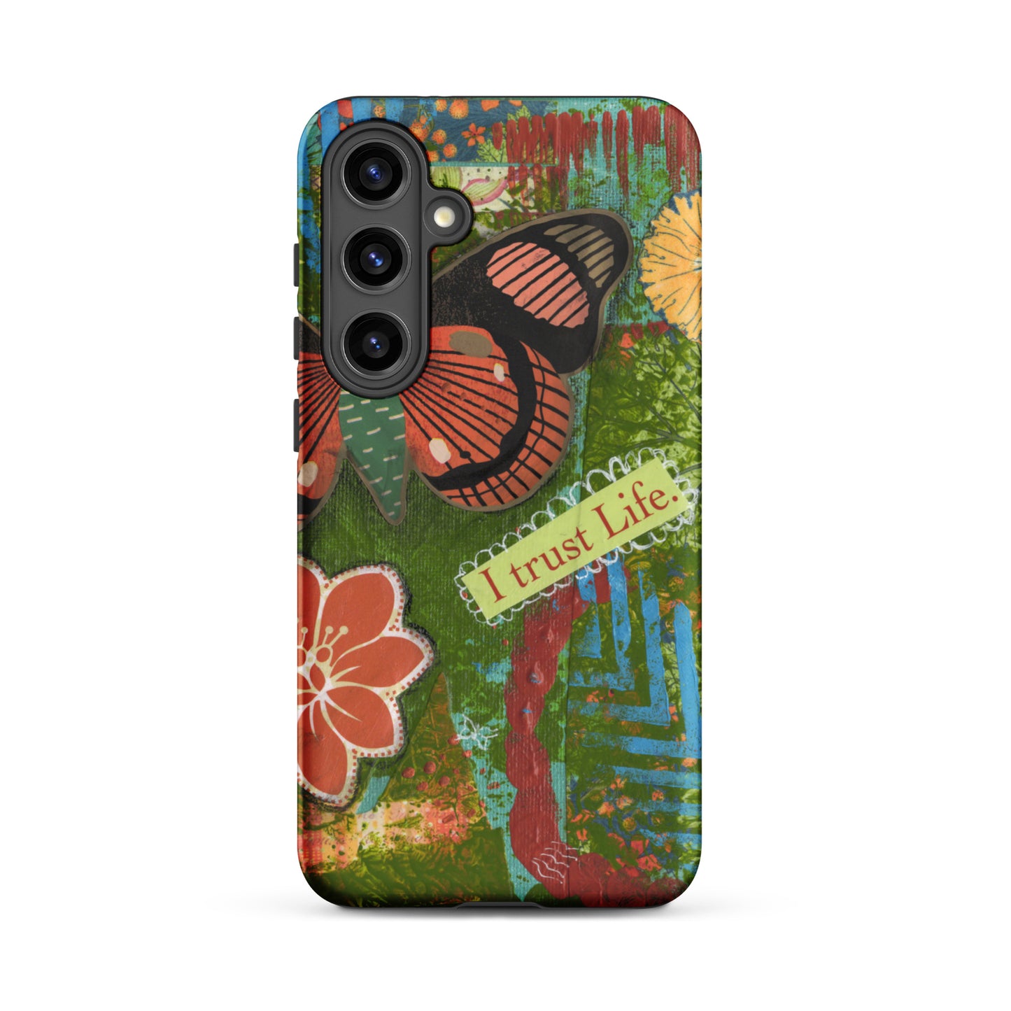 Front view of Samsung Galaxy S24 Plus. the design of the artistic butterfly phone case rusty orange and turquoise “I trust life”