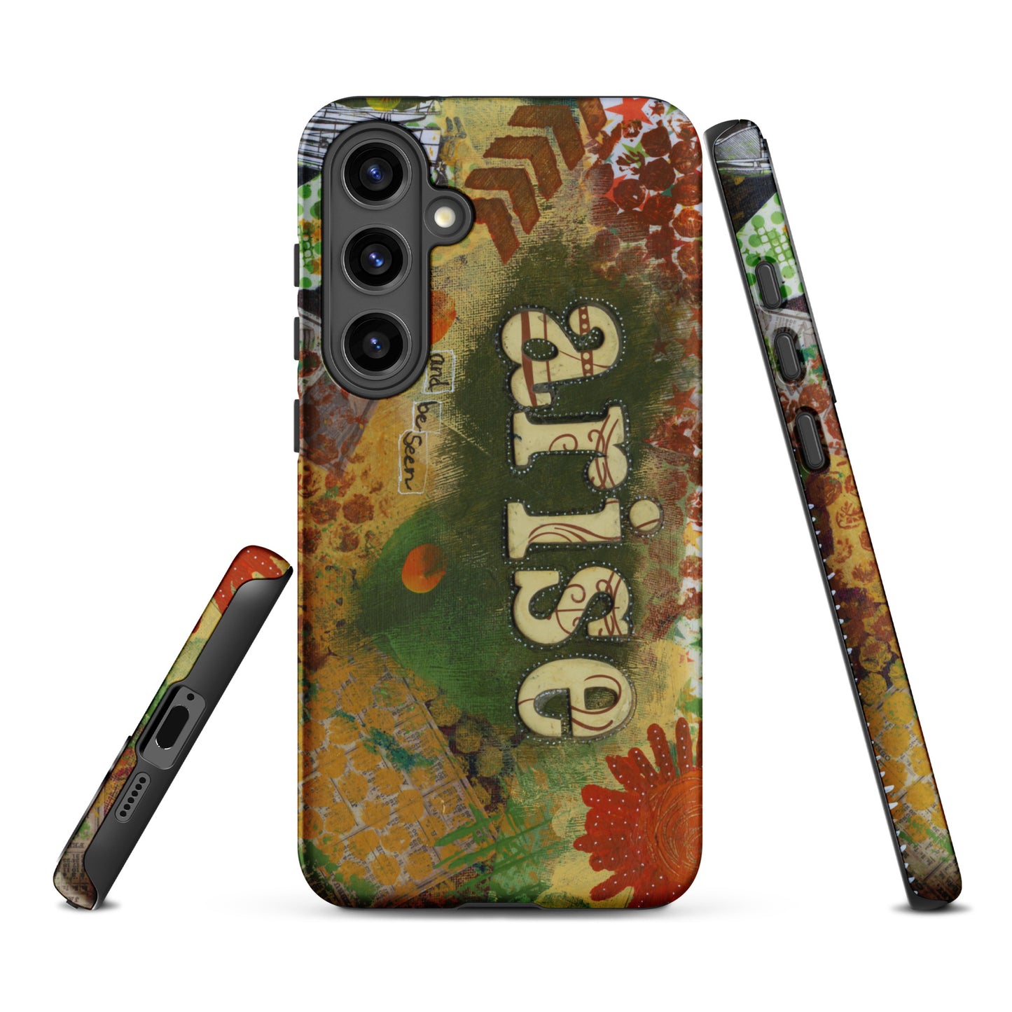 a front, side & bottom view of the bold art phone case with colorful texture and text that says "arise and be seen".