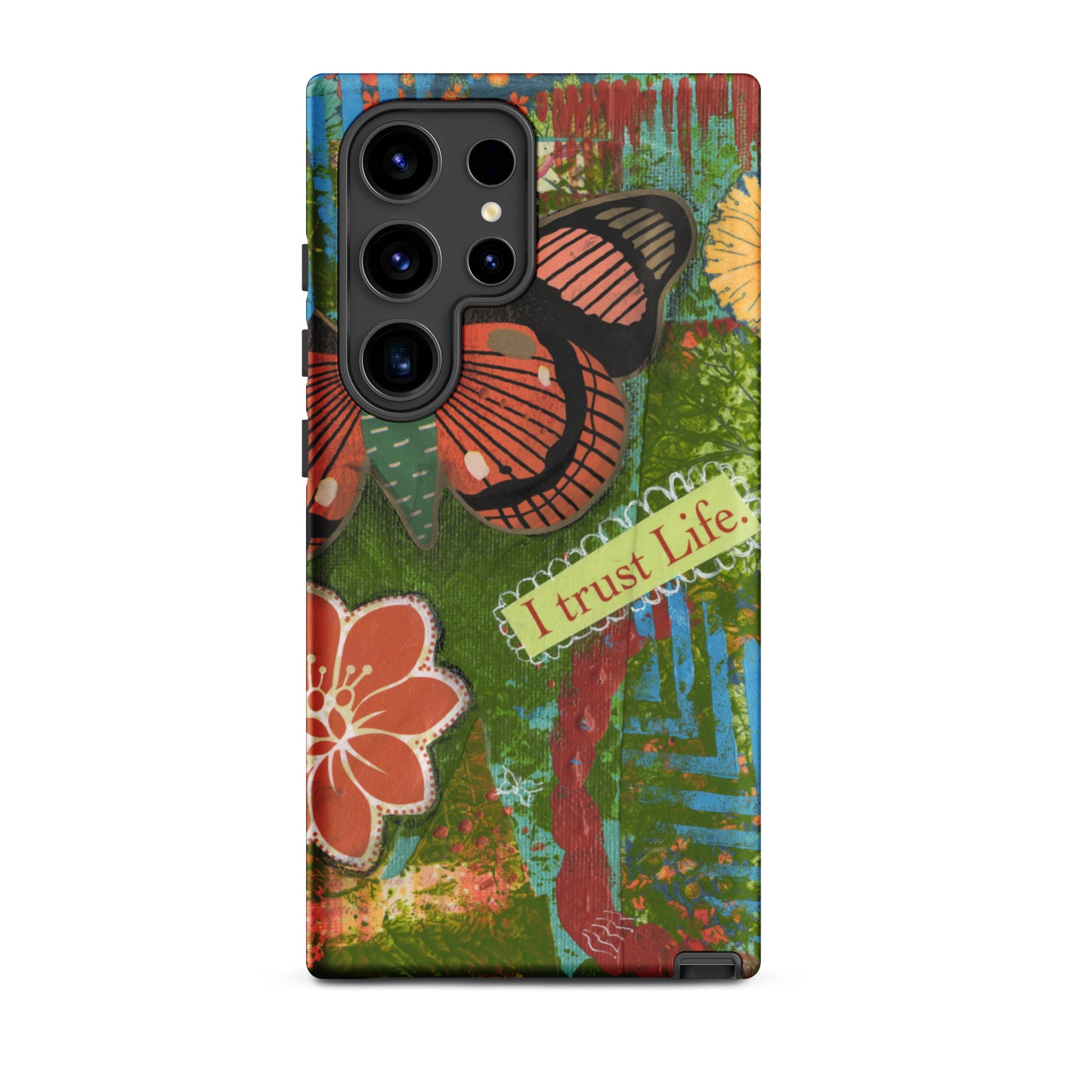 Front view of Samsung Galaxy S24 Ultra. the design of the artistic butterfly phone case rusty orange and turquoise “I trust life”