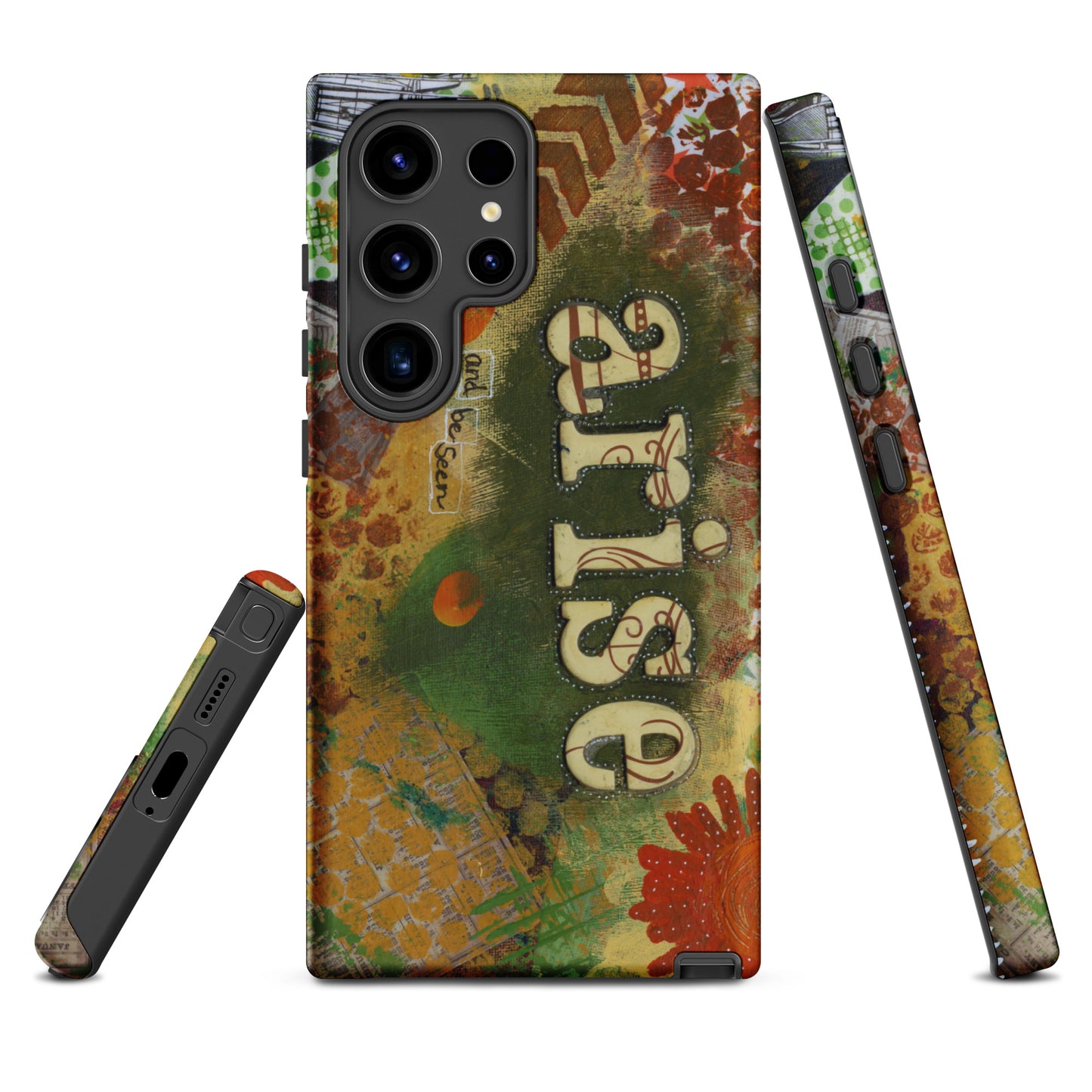 a front, side & bottom view of the bold art phone case with colorful texture and text that says "arise and be seen".