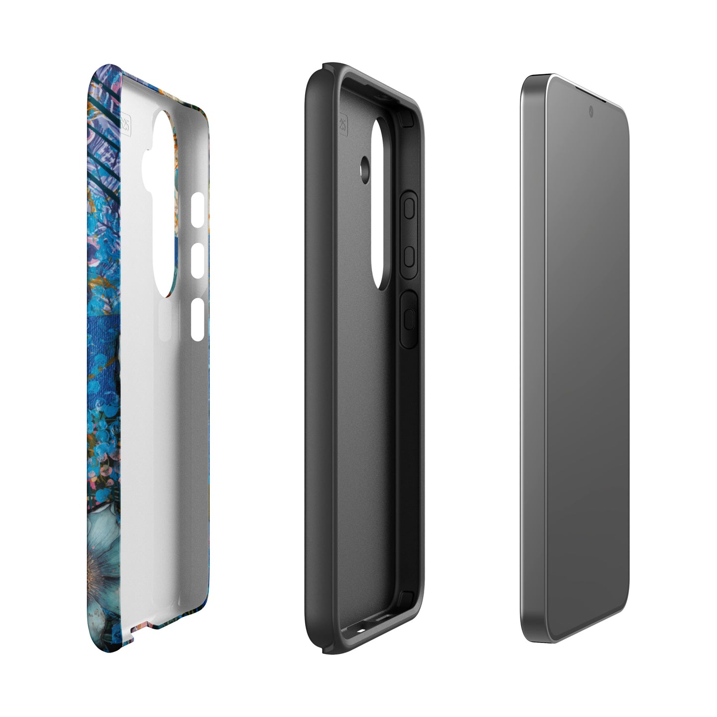 Side image of the three layers of the case that protect the blue and pink floral Samsung case with peacock feather layers and a quote.