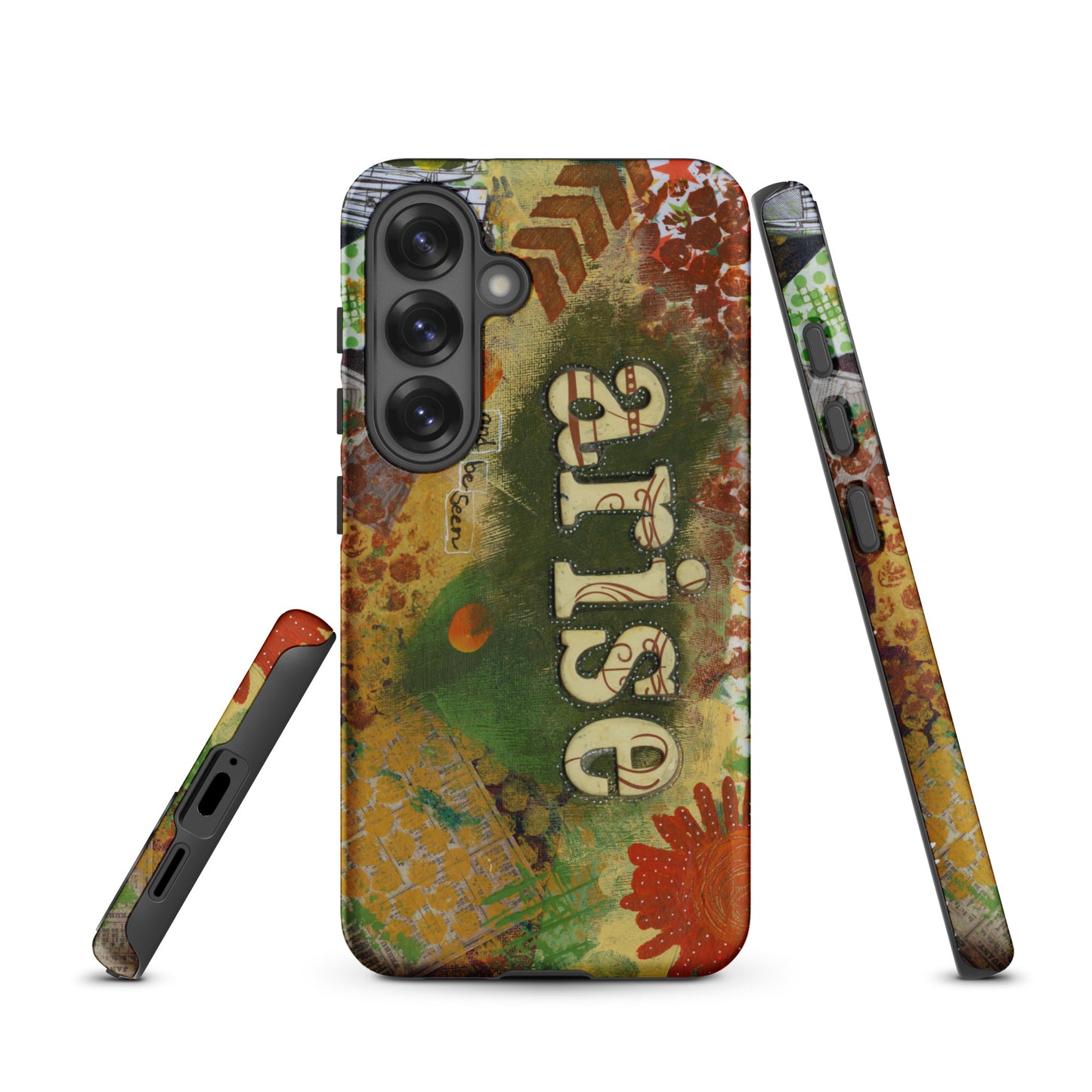 a front, side & bottom view of the bold art phone case with colorful texture and text that says "arise and be seen".