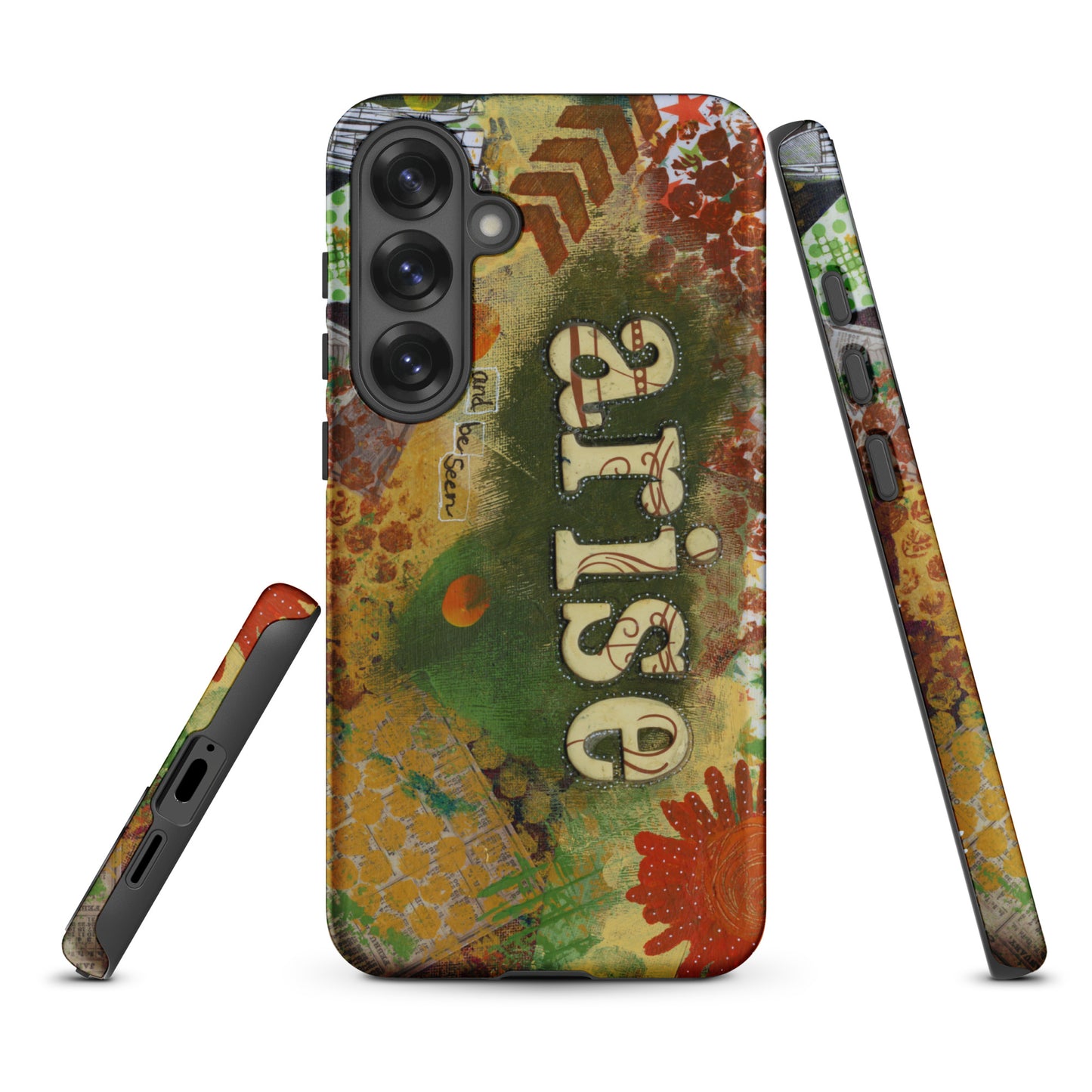a front, side & bottom view of the bold art phone case with colorful texture and text that says "arise and be seen".