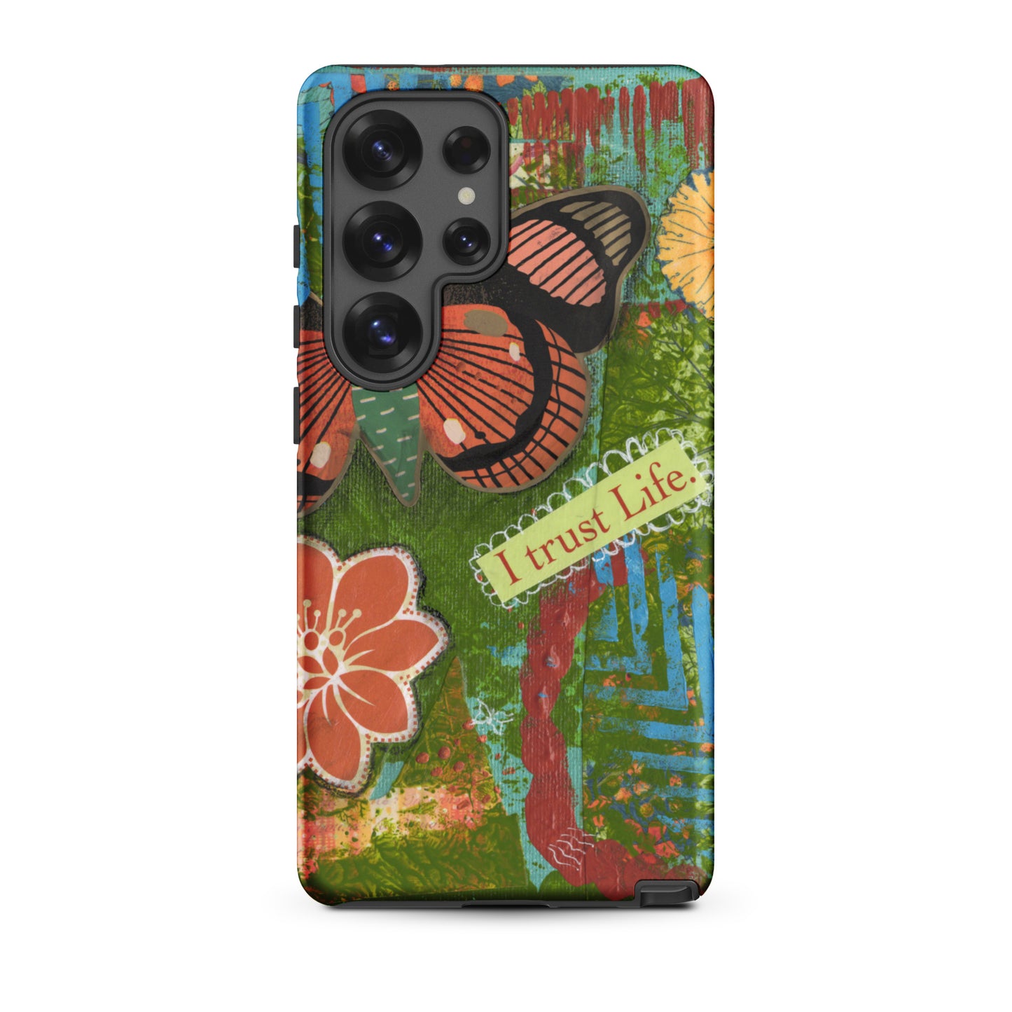 Front view of Samsung Galaxy S25 Ultra. the design of the artistic butterfly phone case rusty orange and turquoise “I trust life”