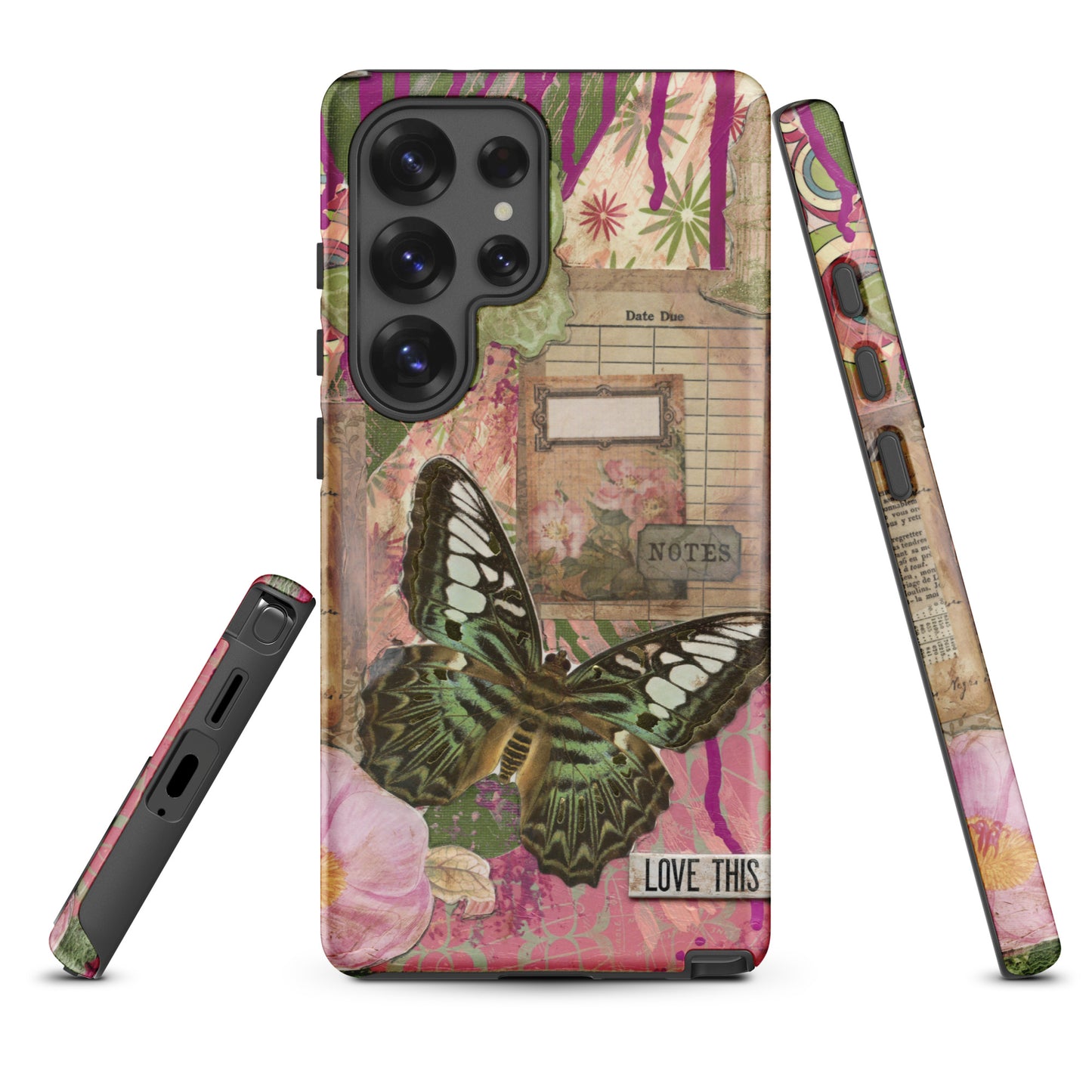 Front, side & bottom view of the pink floral butterfly Samsung case  with love this life quote.