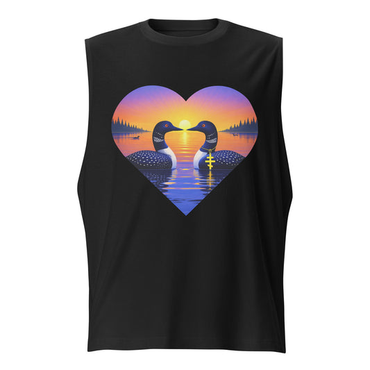 Sunrise loon muscle tee with a heart-shaped lake sunrise design on a unisex cotton shirt.