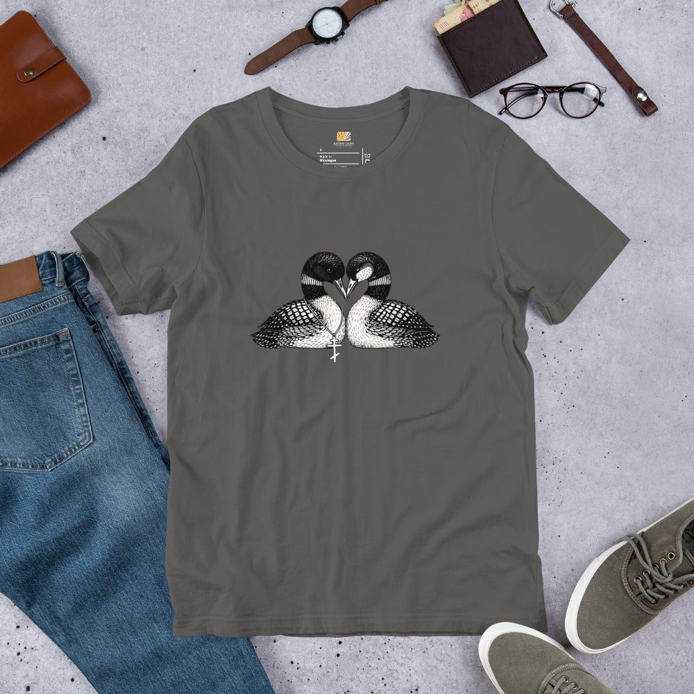 Asphalt color  hockey romance loon t-shirt with a black and white graphic of 2 loons with beaks together forming a heart, one loon wears a Russian orthodox cross around it's neck, the other loon has freckles on it's face.