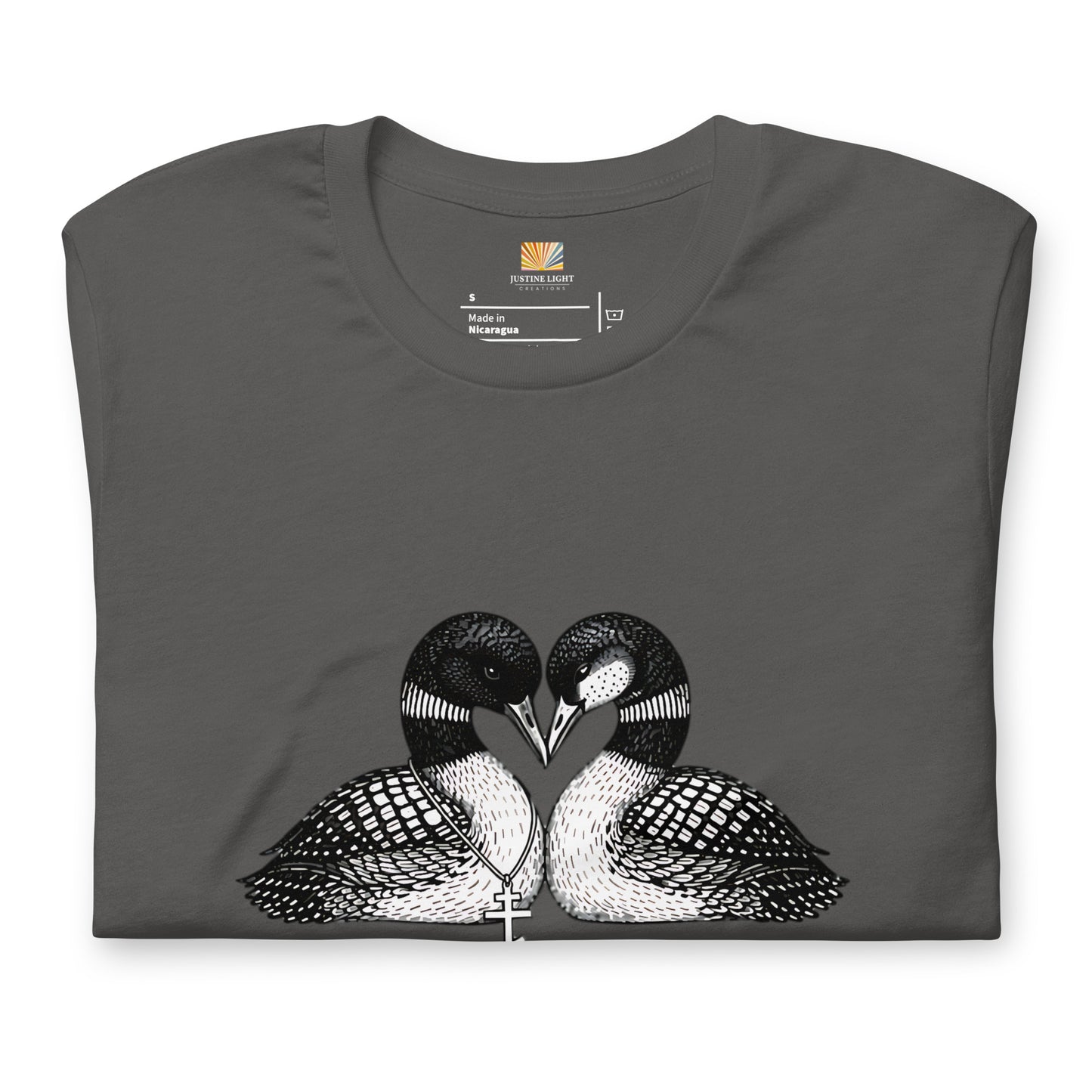 Folded image of hockey romance loon t-shirt with a graphic of two birds, with beaks together forming a heart. Asphalt color shirt