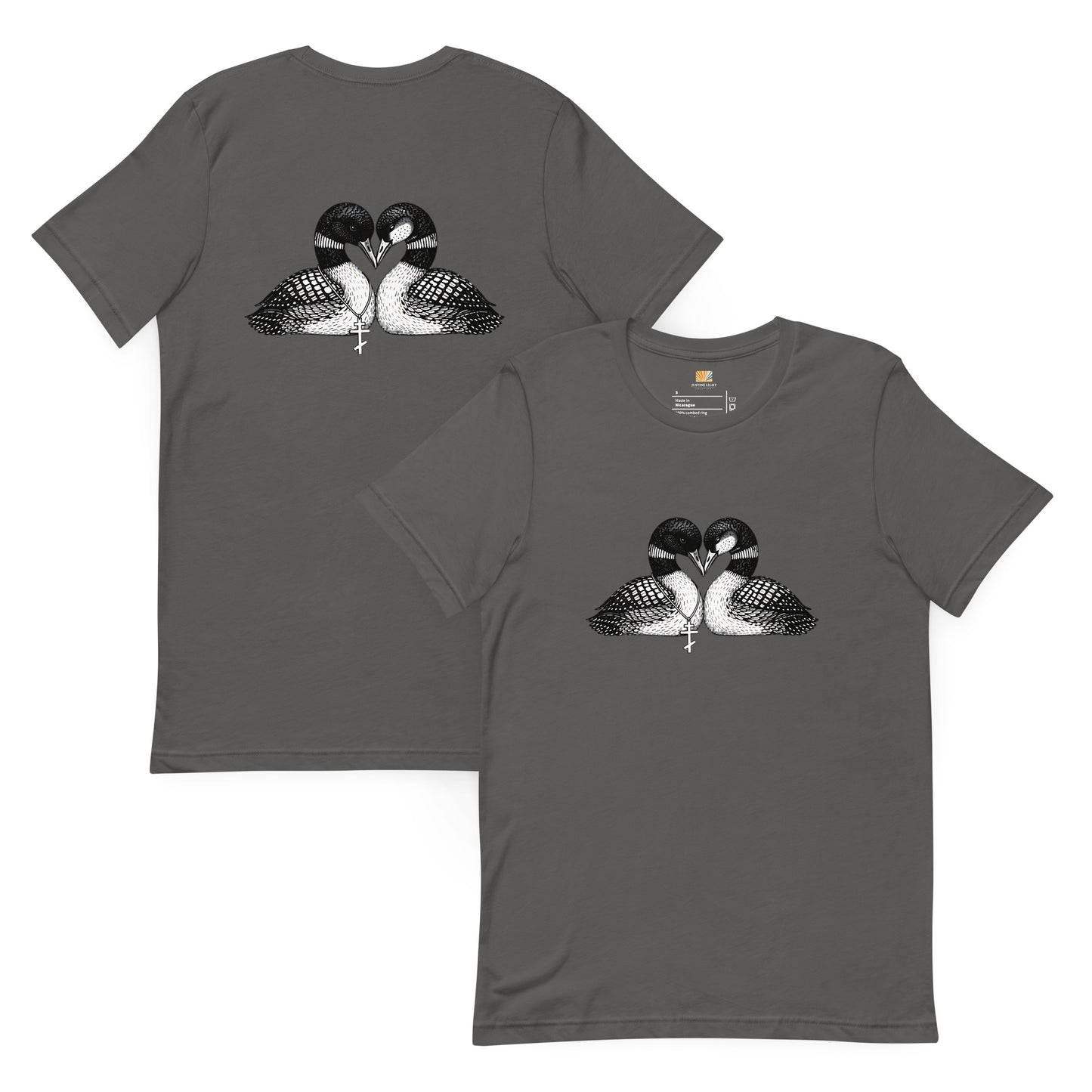 front and back view of  hockey romance loon t-shirt unisex, both sides have a graphic of 2 loons forming a heart shape. shirt color is Asphalt (dark grey)