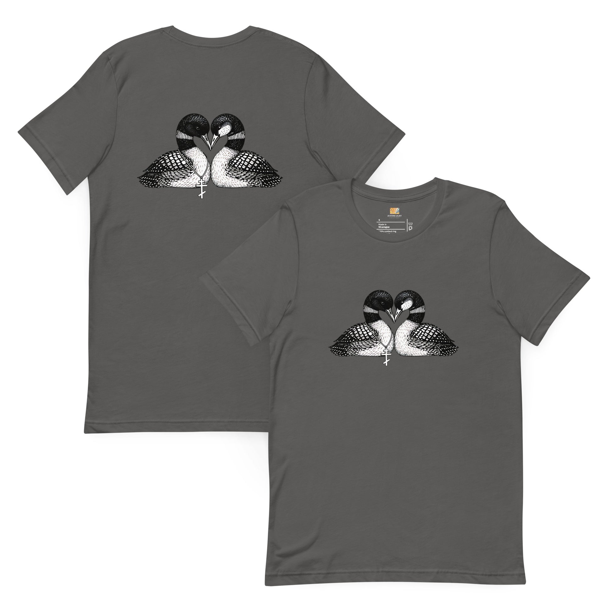 front and back view of  hockey romance loon t-shirt unisex, both sides have a graphic of 2 loons forming a heart shape. shirt color is Asphalt (dark grey)
