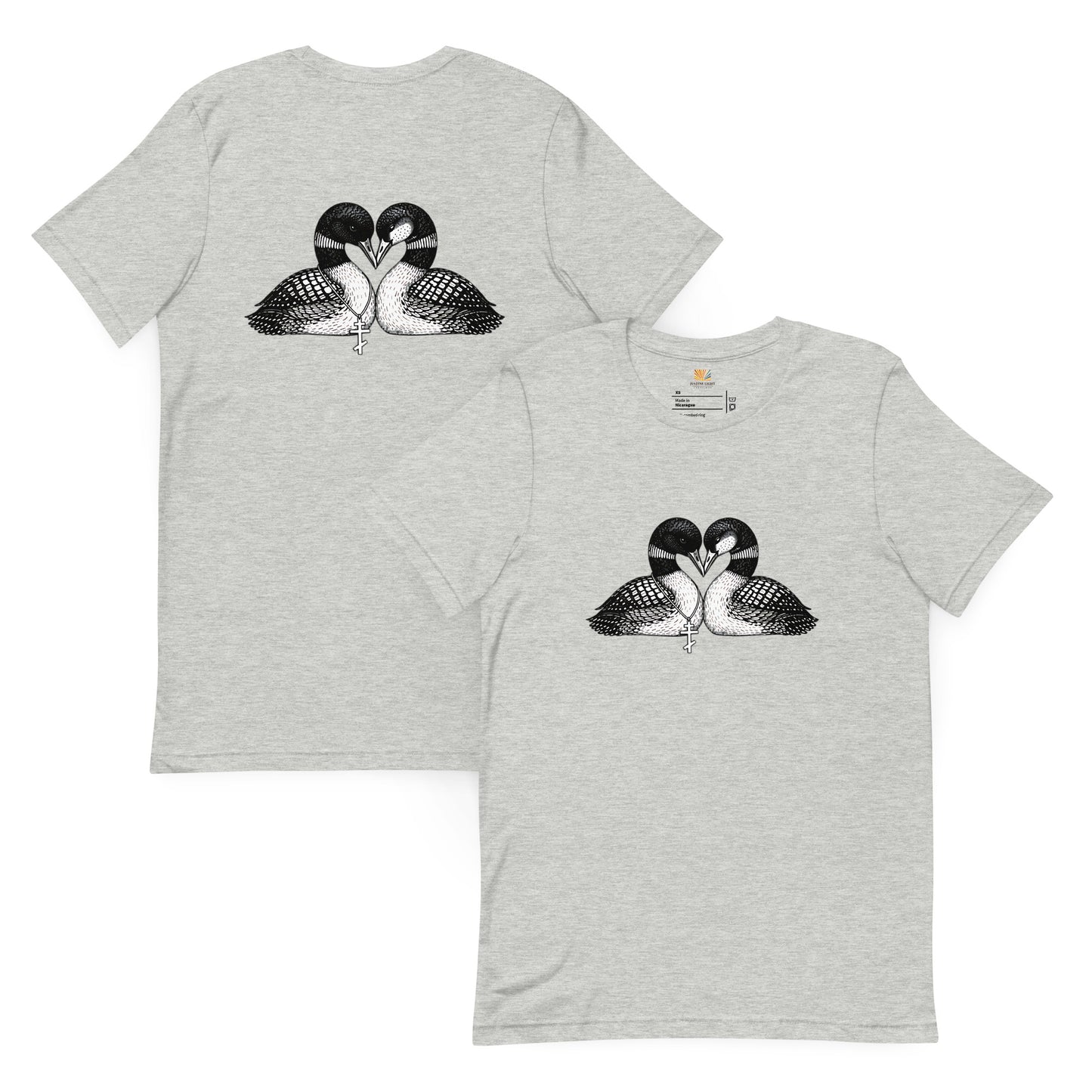 front and back view of  hockey romance loon t-shirt unisex, both sides have a graphic of 2 loons forming a heart shape. shirt color is Athletic Heather (heathered light grey)
