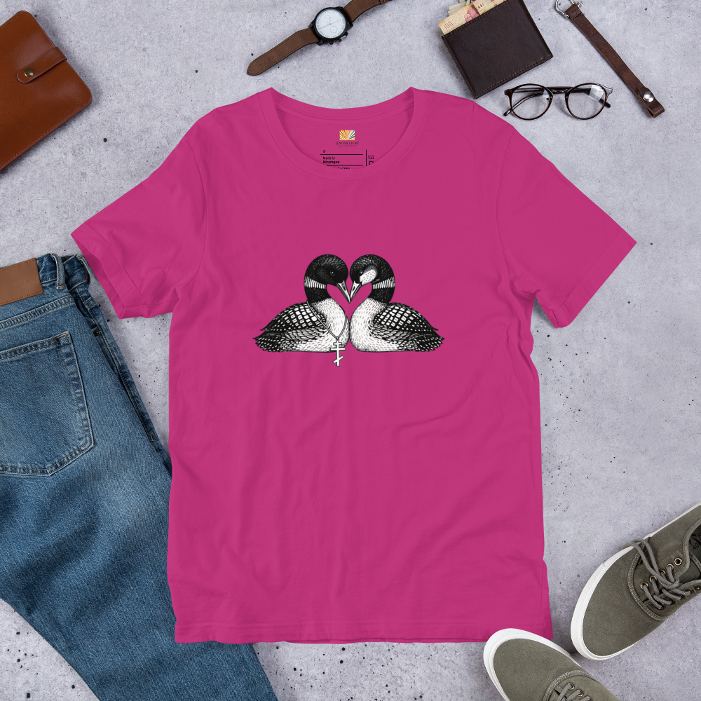 close view of crew style collar on hockey romance loon t-shirt, showing inside label. Berry colored shirt