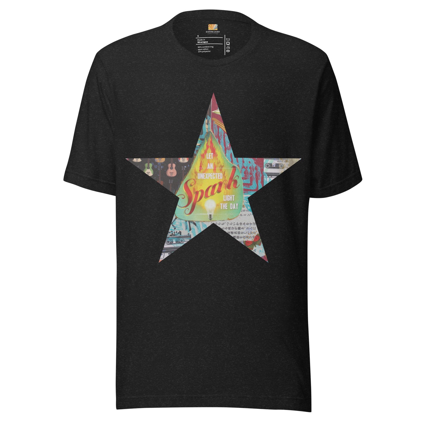 Star tee shirt in black heather with a colorful mixed-media star design and the words spark of inspiration on a soft unisex t shirt.
