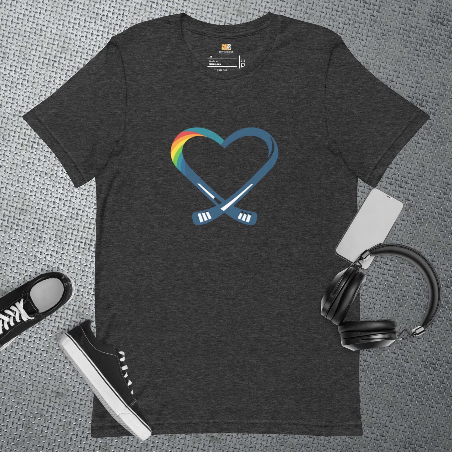 Flat view of rainbow heart t-shirt in Asphalt color with heart hockey logo with rainbow colors on it.