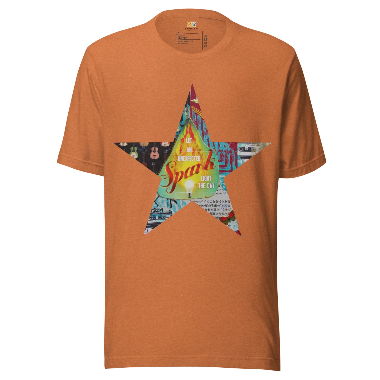 Star tee shirt in heather autumn with a colorful mixed-media star design and the words spark of inspiration on a soft unisex t shirt.
