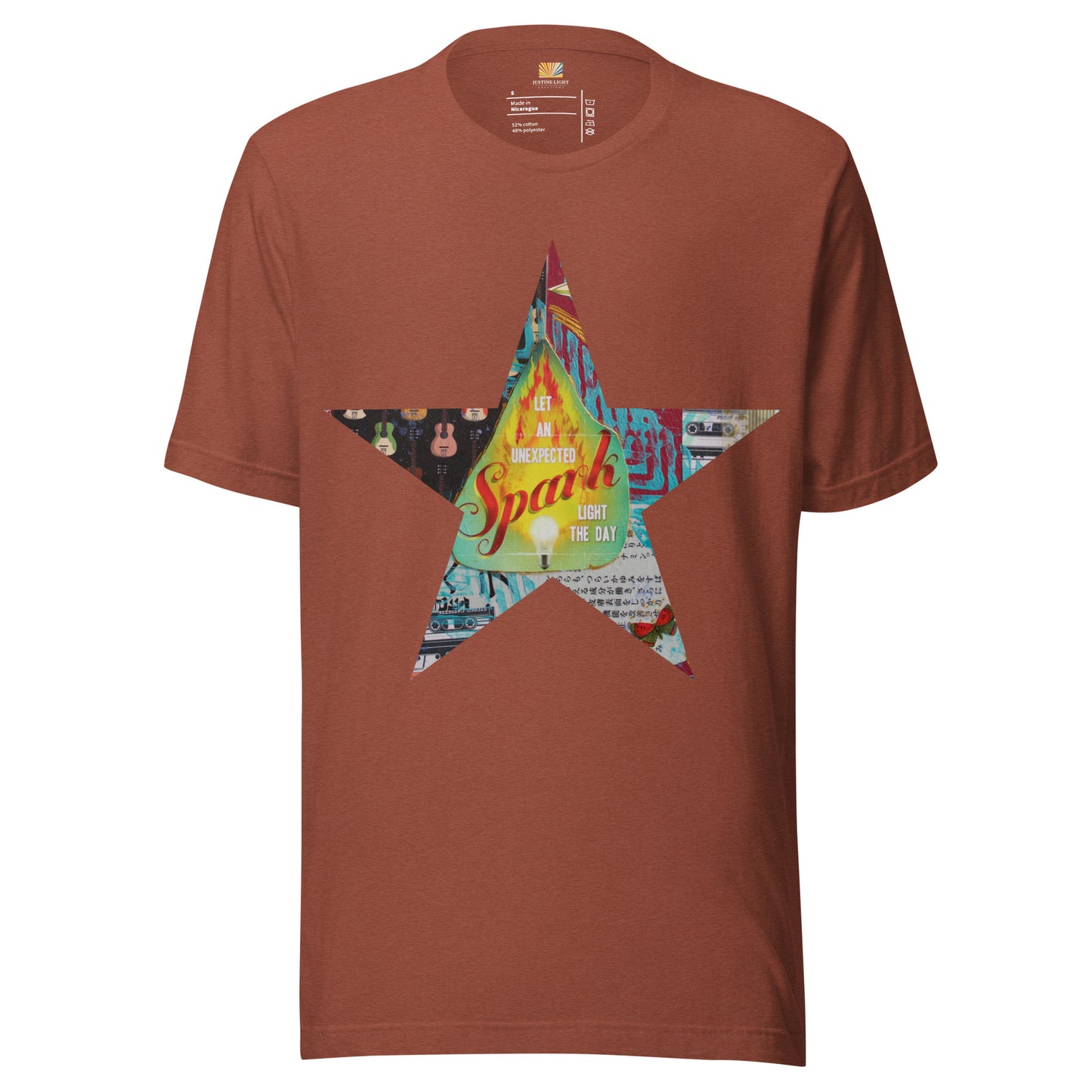 Star tee shirt  in heather clay with a colorful mixed-media star design and the words spark of inspiration on a soft unisex t shirt.
