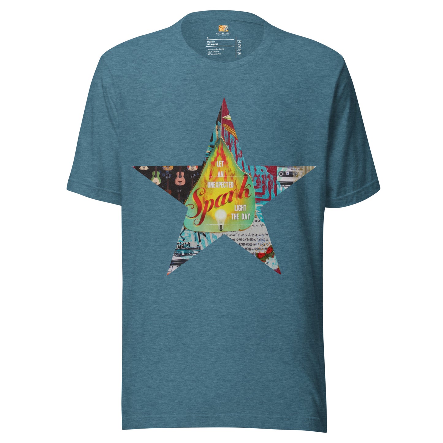 Star tee shirt in heather deep teal with a colorful mixed-media star design and the words spark of inspiration on a soft unisex t shirt.
