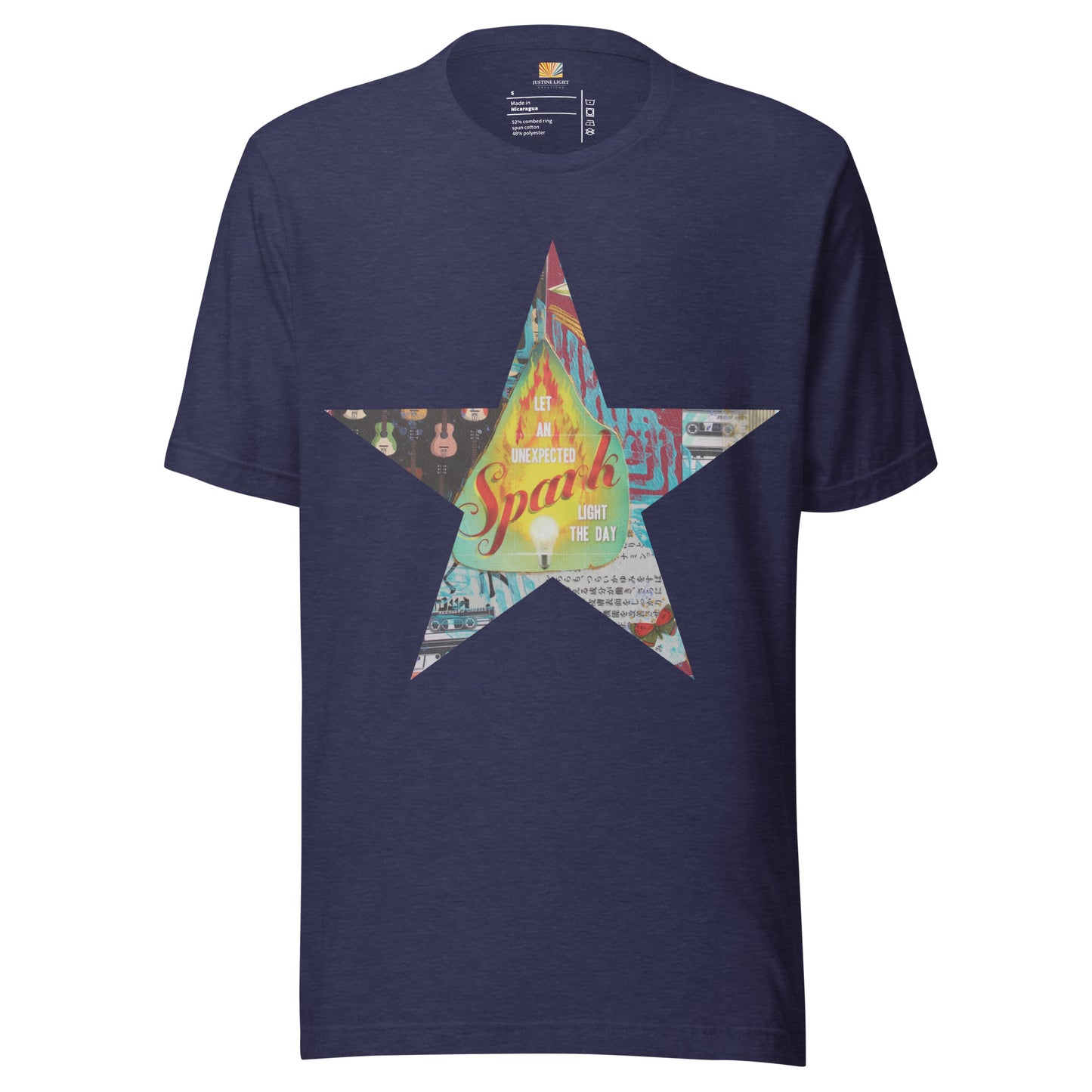 Star tee shirt in heather midnight navy with a colorful mixed-media star design and the words spark of inspiration on a soft unisex t shirt.
