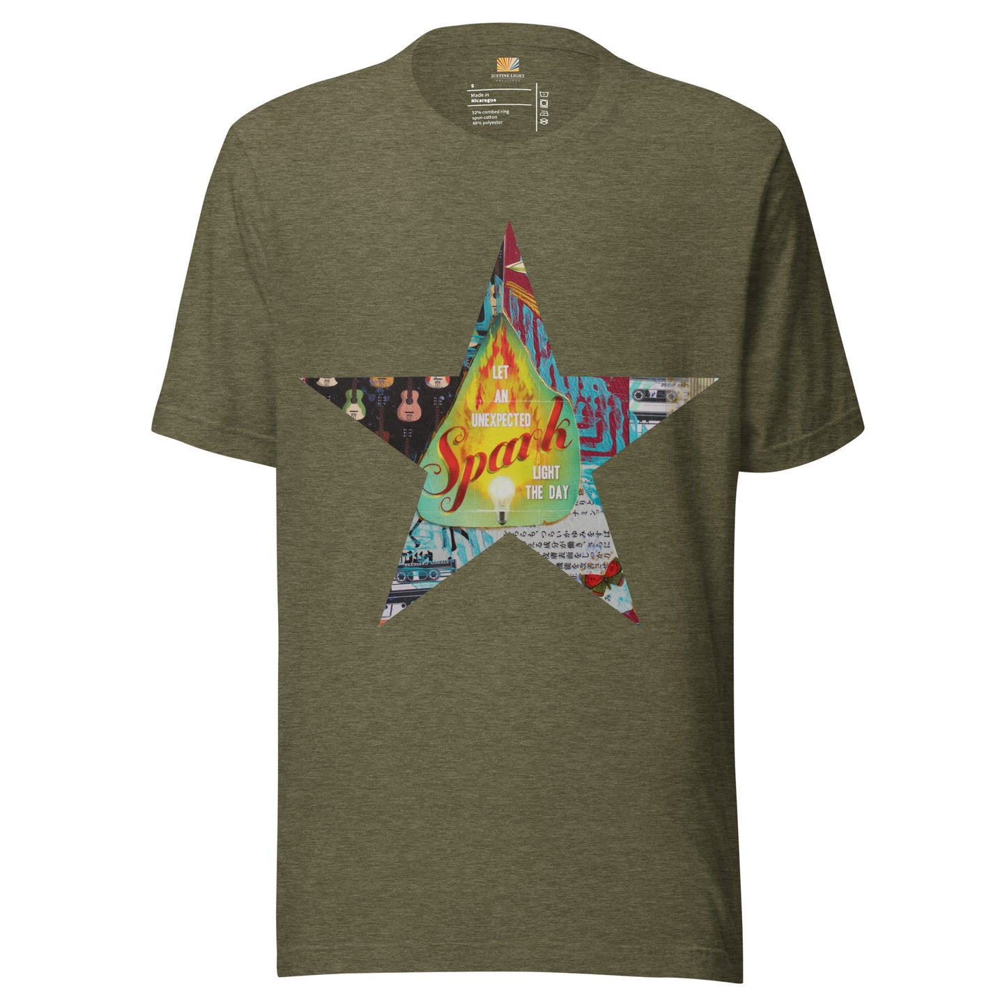 Star tee shirt in heather olive with a colorful mixed-media star design and the words spark of inspiration on a soft unisex t shirt.
