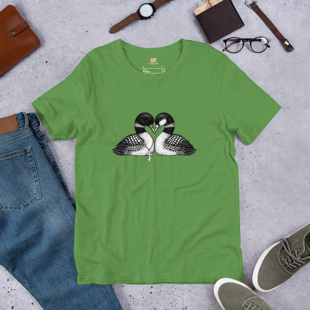 close view of crew style collar on hockey romance loon t-shirt, showing inside label. Leaf colored shirt