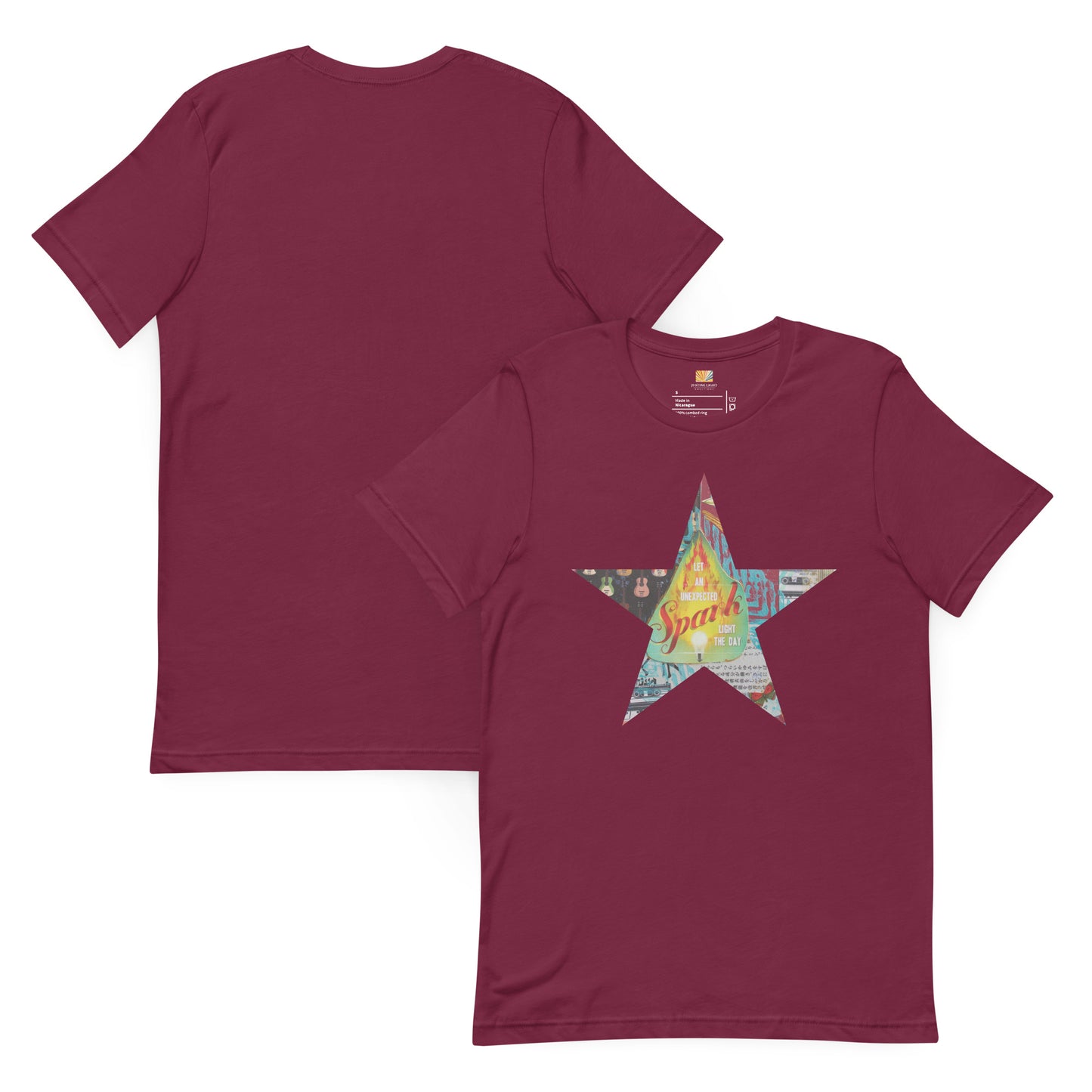 A maroon Star tee shirt with a colorful mixed-media star design and the words spark of inspiration on a soft unisex t shirt, shown from both front and back. 
