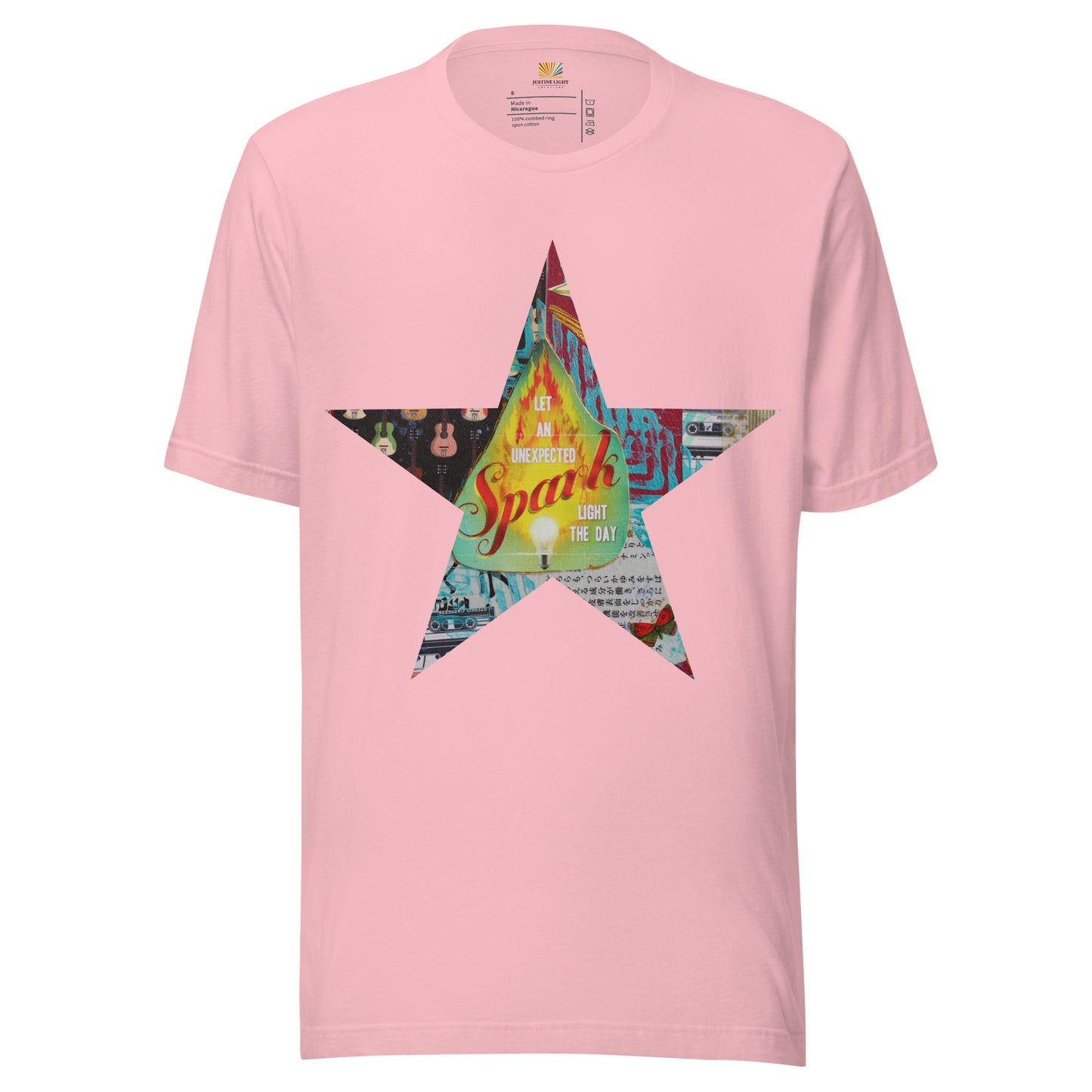 Star tee shirt in pink with a colorful mixed-media star design and the words spark of inspiration on a soft unisex t shirt.

