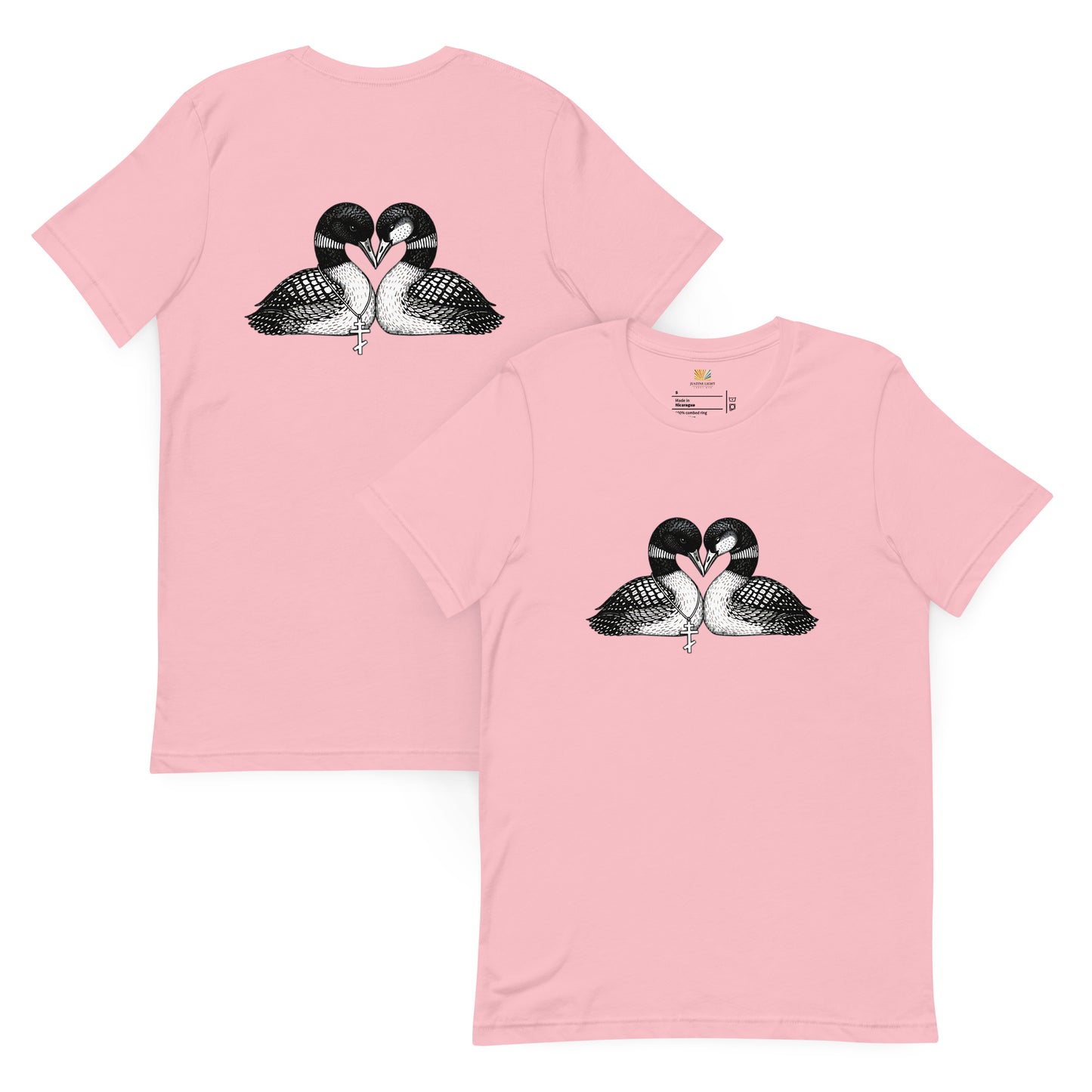 front and back view of  hockey romance loon t-shirt unisex, both sides have a graphic of 2 loons forming a heart shape. shirt color is pink