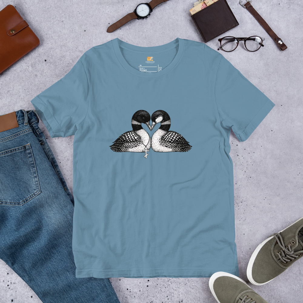 close view of crew style collar on hockey romance loon t-shirt, showing inside label. Steel Blue colored shirt
